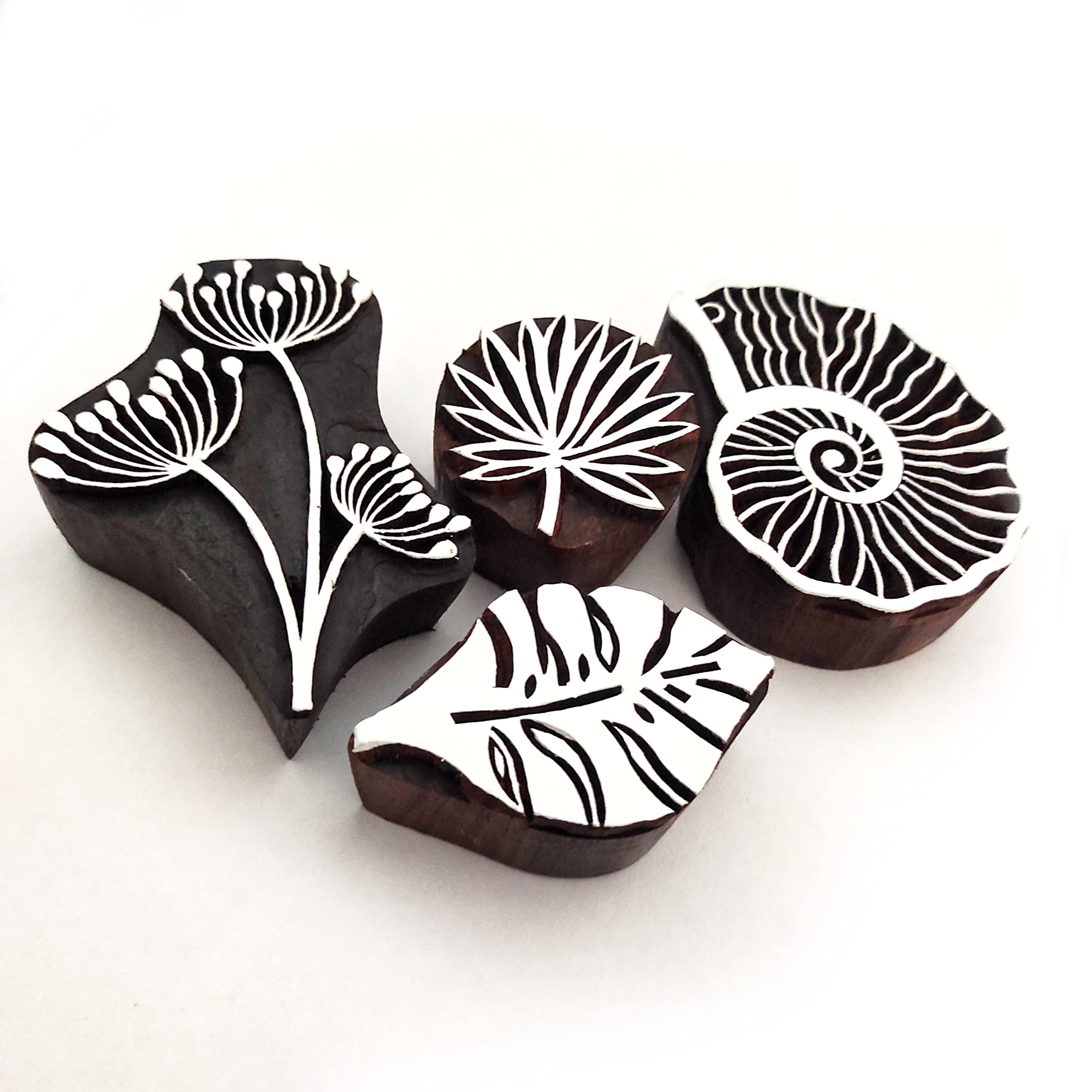 D L Craft Leaf Design 4 Piece Set Wooden Printing Blocks Hand Carving Stamps use for Saree, Kurti, duppata, Paper Printing & Design on shisham Wood [ Size - 2 inch, 3 inch, 4 inch Mix ]