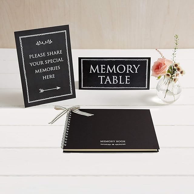 Angel & Dove Luxury Black A5 Memory Book & 2 Signs Set - 'Please Share Your Special Memories Here' & 'Memory Table' - Ideal for Funeral Condolence Book, Memorial, Remembrance, Celebration of Life