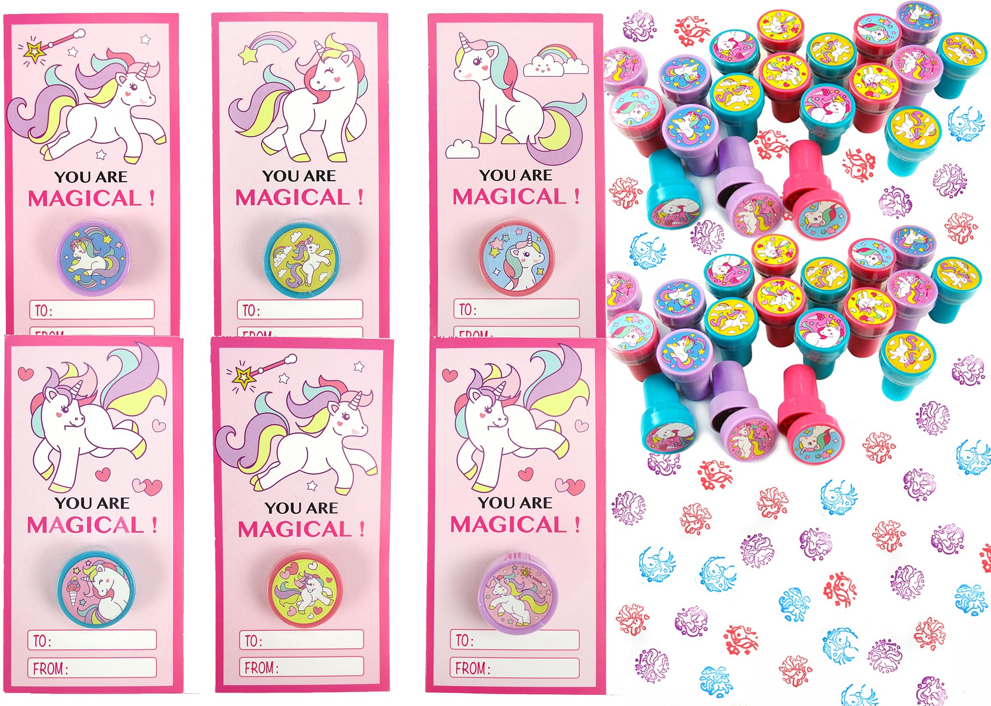 TINYMILLS Unicorn Valentine Cards with Stampers 36 Pack – Cute Unicorn Classroom Exchange Valentines, Birthday Party Favor Prizes, Valentine Cards