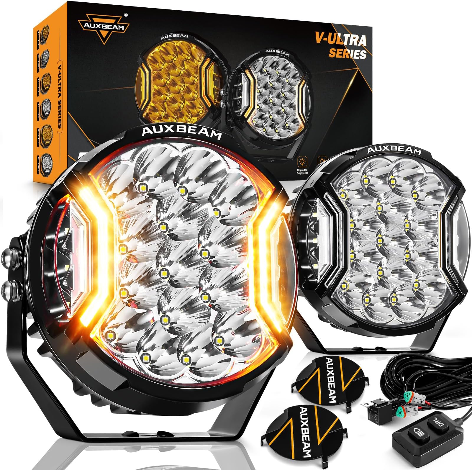 V-Ultra Series 7 Inch Round LED Pods, Amber DRL Light Bar, 270 Degree Side Shooter, 226W 26800LM Offroad Spot Lights with Covers, for Pickup Truck Jeep ATV UTV SUV, Pair