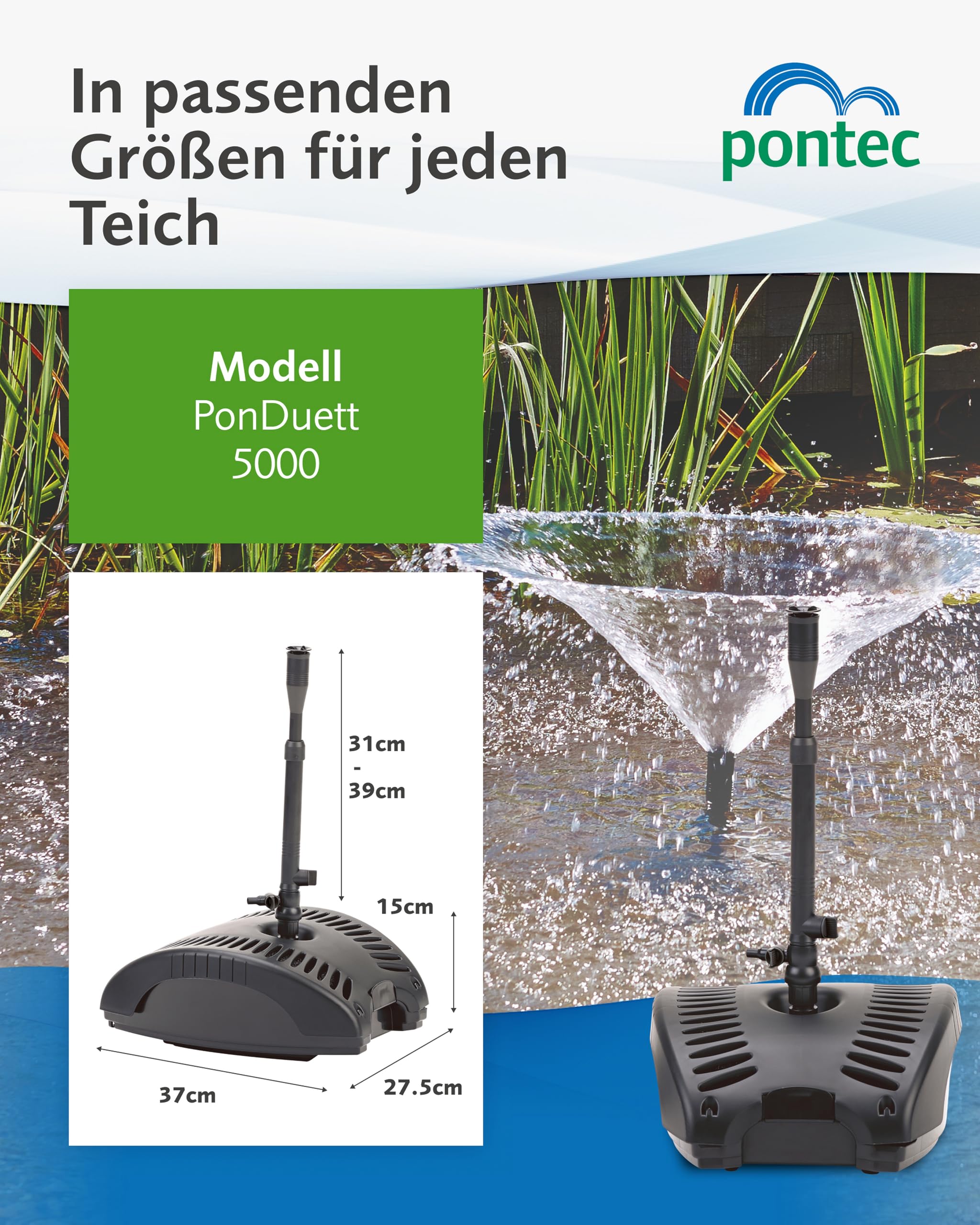 Pontec PonDuett 5000 – 2-in-1 Unterwasserfilter mit Wasserspielpumpe – Teichpumpe mit Filter – Teich Springbrunnen für Teiche bis 5.000 l – Filter mit Springbrunnenpumpe - 4 Fontänenaufsätze