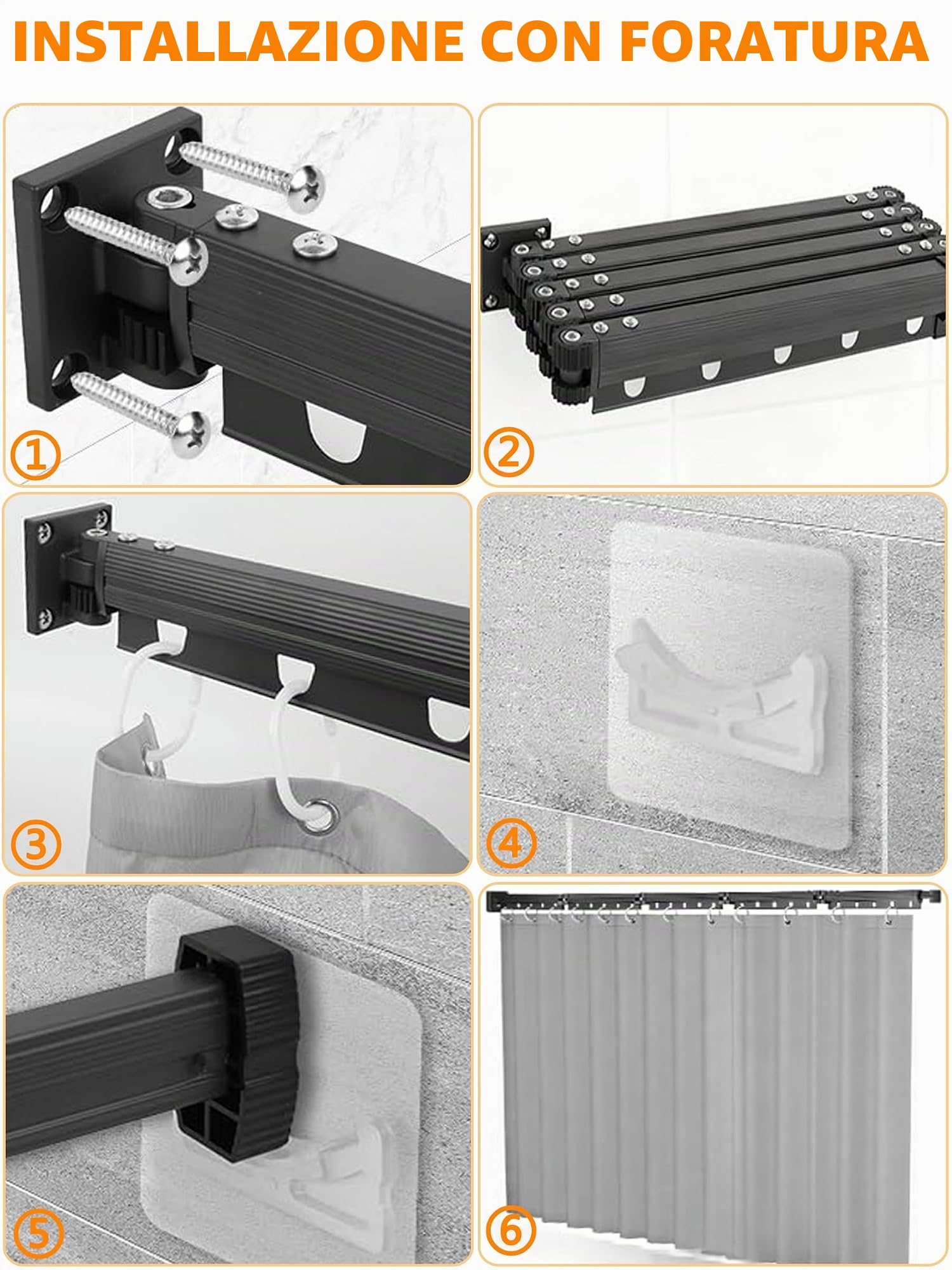 Bastone Tenda Doccia Senza Foratura, Pieghevole 2m, con Tenda da Doccia 1,8×2m, Asta 5 Pieghe e Asta Telescopica 25,5cm, per Bagno, Spogliatoi, Camper (Bianco)