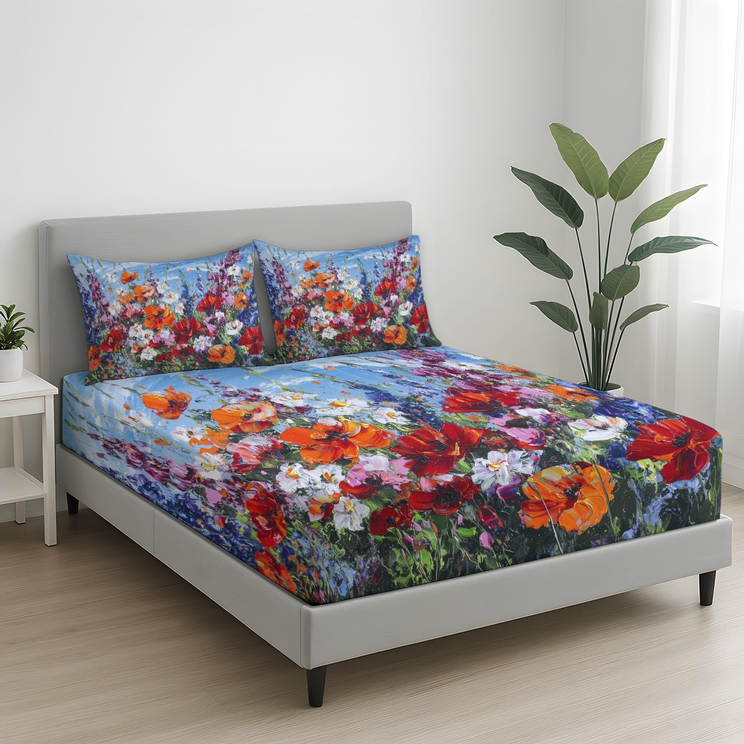 Elegant Blumen Spannbetttuch Natürlich Blume Spannbettlaken 140 x 200 x 30 cm 3teilig Mikrofaser Bettwäsche Set mit 2 Kissenbezüge 80 x 80 cm Kein Flachbettlaken