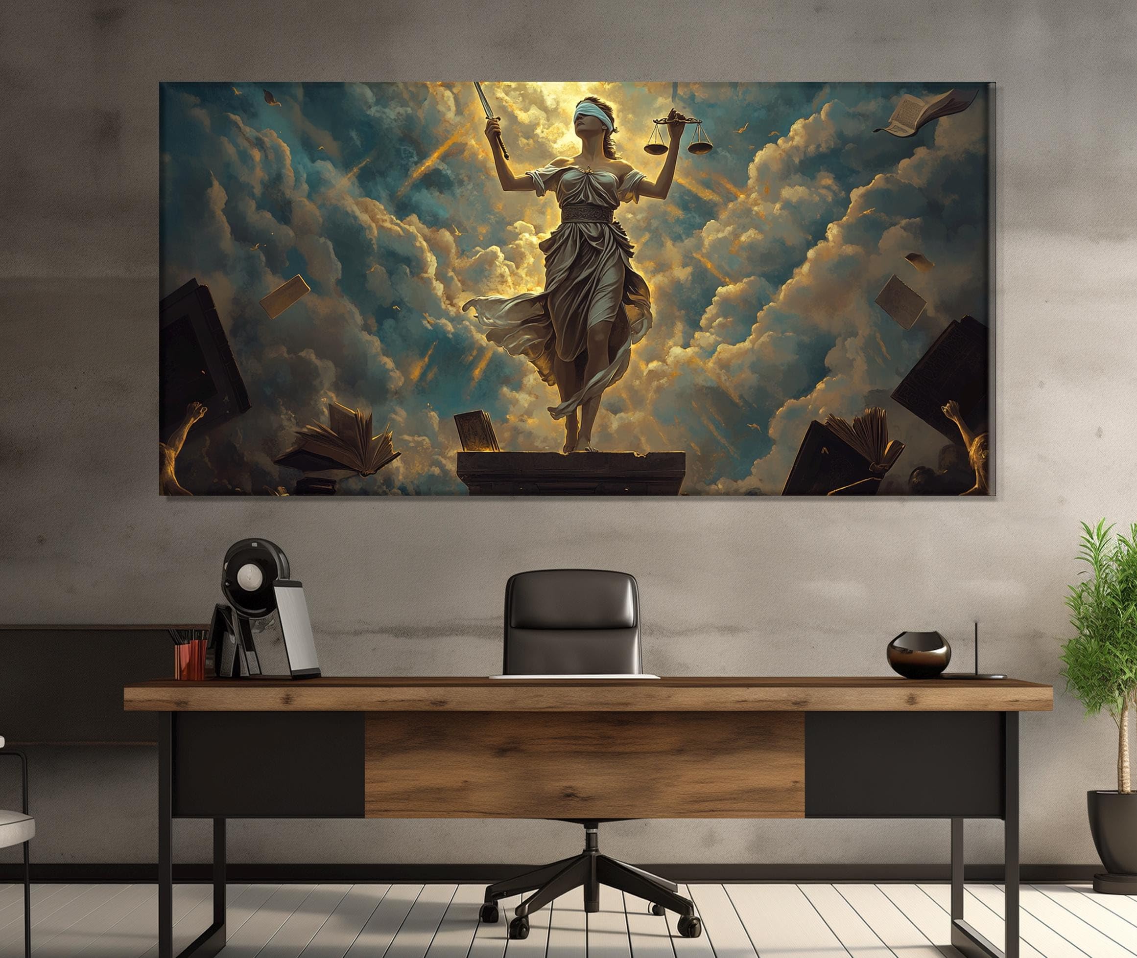 lianyibo Abstrakcyjny nadruk na płótnie "Lady Justice", dekoracja biura prawniczego, sztuka ścienna, nowoczesna, abstrakcyjna, salon, dekoracja domu (60 x 120 cm)