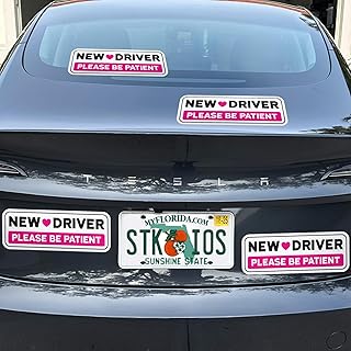 Stickios Non-Magnetic Pink New Driver Stickers - Removable Vinyl Decals for Cars & Windows - Made in USA (10.75x4 inches, 4-Pack)