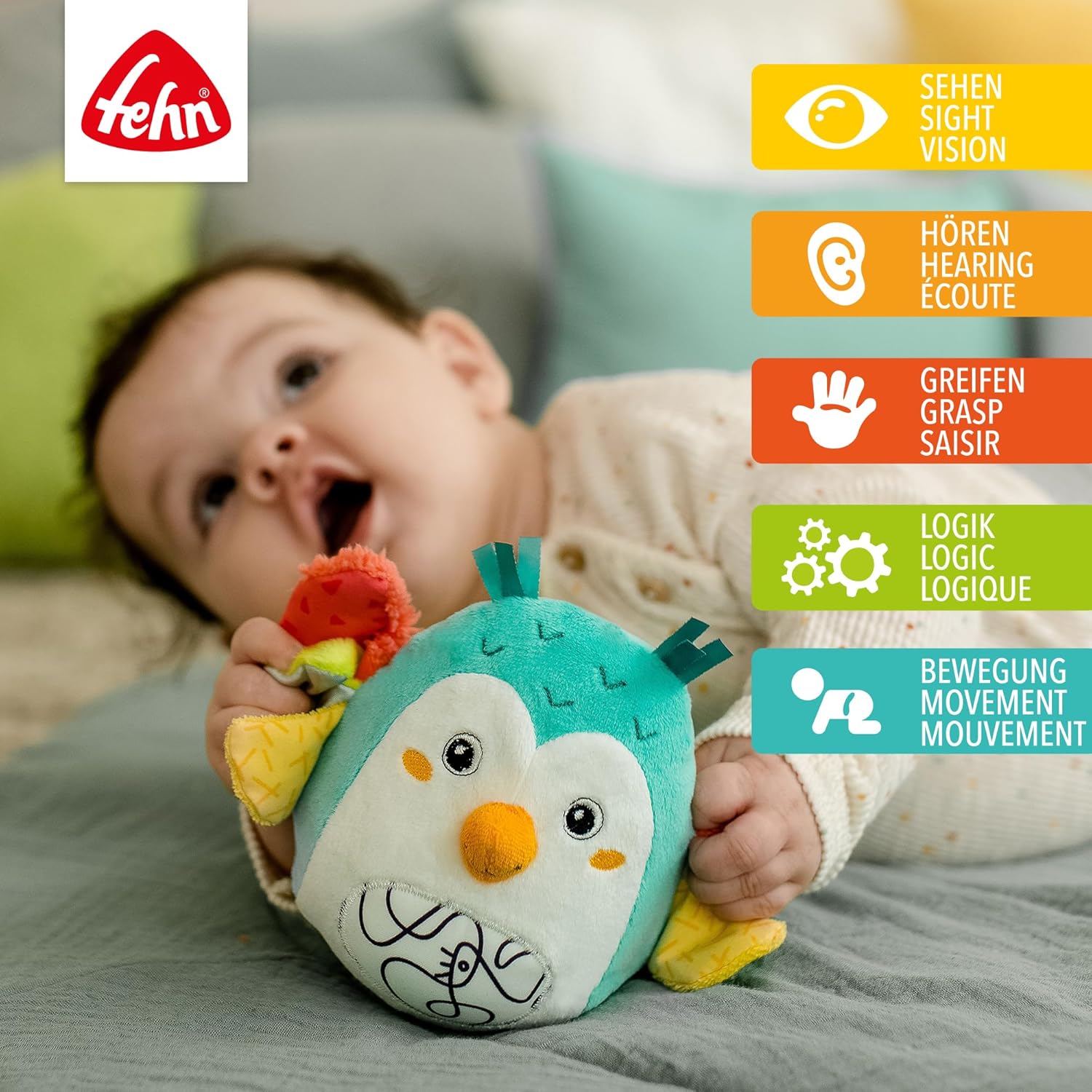 Fehn Owl Toy - Baby Motor Skills Toy - Owl with Rustling Paper and Bell for Babies and Toddlers 6+ Months
