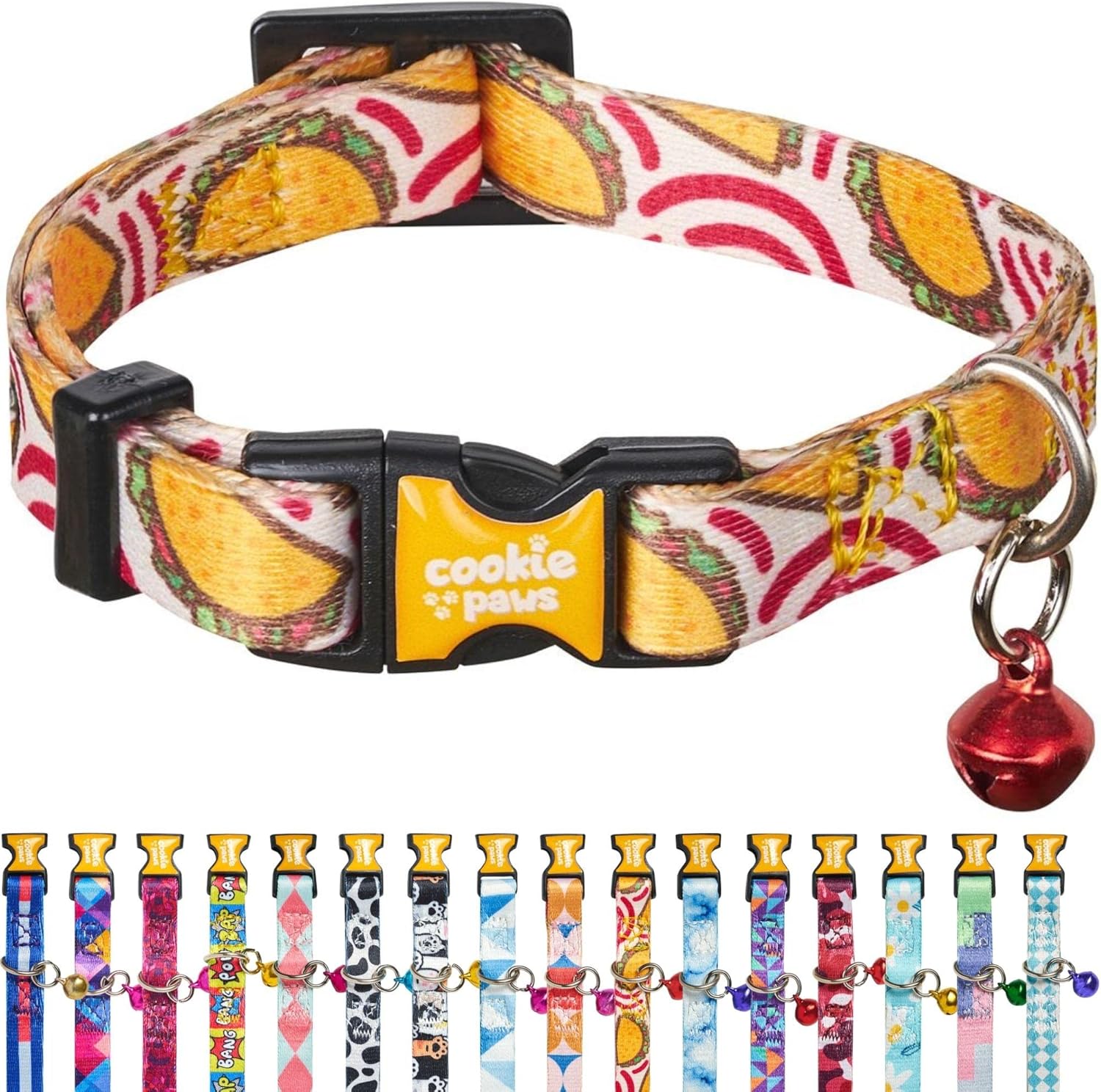 Cookie Paws Cat Collar Breakaway with Bell - Cute Cat Collars for Girl Cats and for Boy Cats, Kitten Collar Adjustable, Quick-Release Safety Buckles | Tacos | Orange