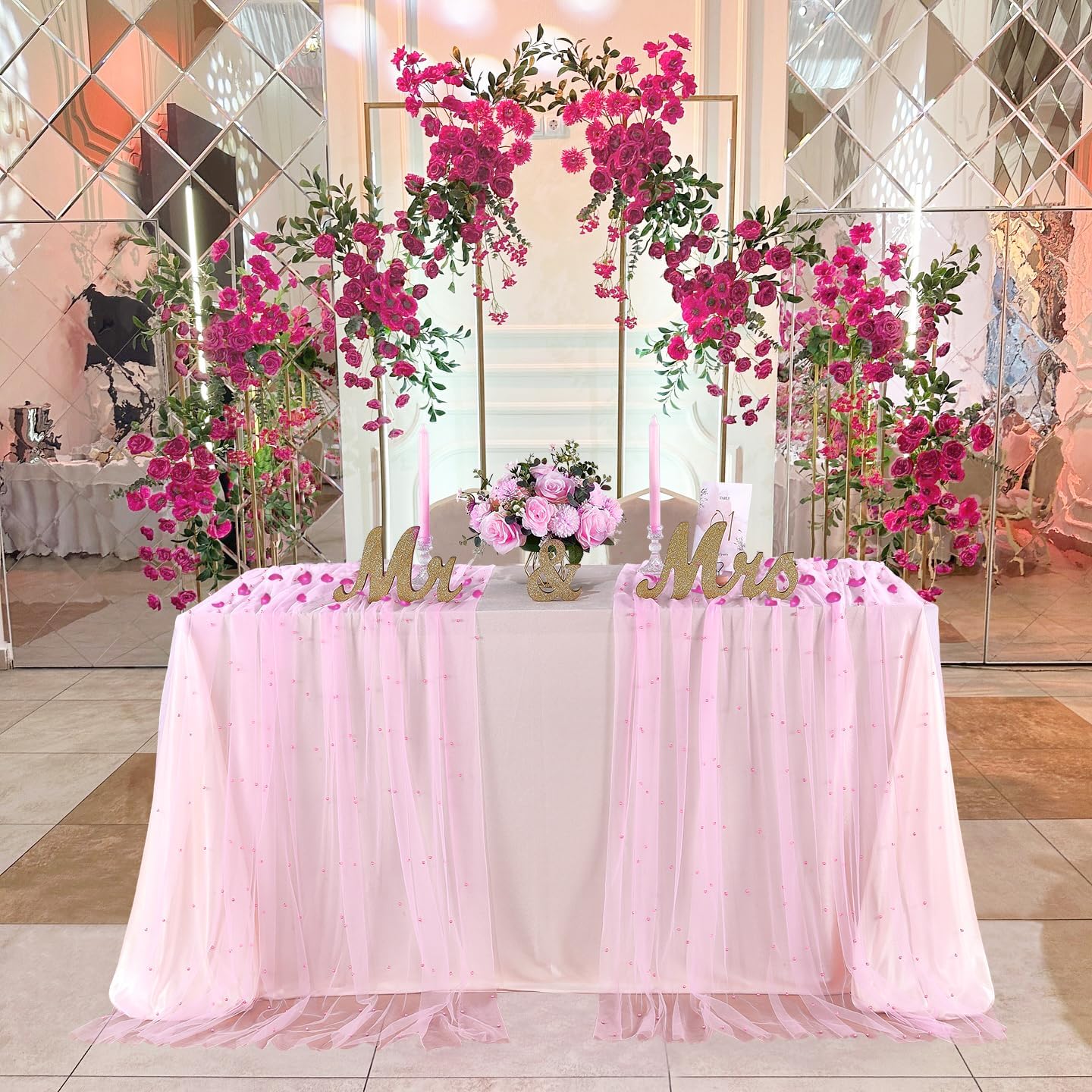 2 Pack 60x120Inch Pink Pearl Tablecloth Wedding Table Decor 10 ft Square Tulle Table Runner Decor for Arch Dessert Wedding Ceremony Party Reception