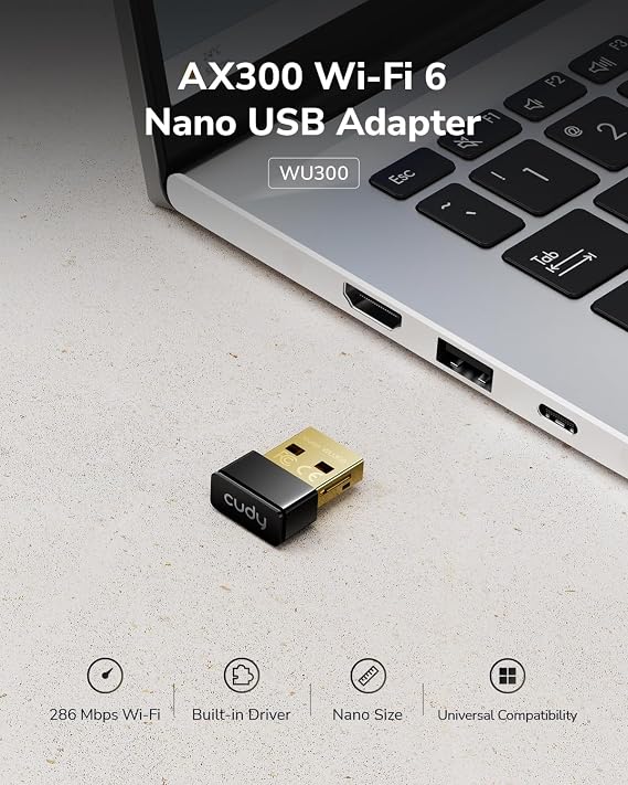 Cudy AX300 Wi-Fi 6 Nano USB Adapter, 286Mbps, Soft AP, Windows Linux, WU300