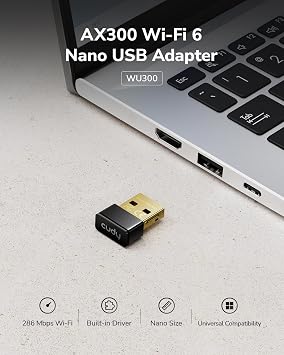 Cudy AX300 Wi-Fi 6 Nano USB Adapter, 286Mbps, Soft AP, Windows Linux, WU300