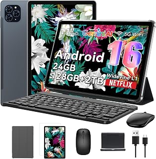 Android 16 Tablet with Keyboard, 11 Inch FHD Display, 24GB RAM 128GB ROM