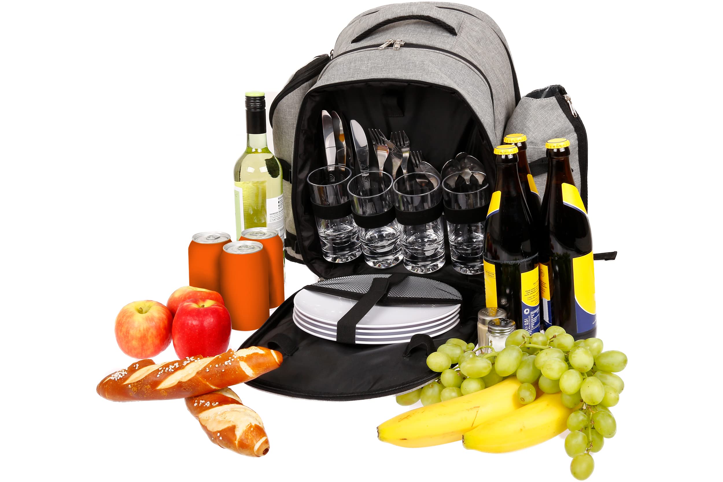 Premium Picknickrucksack mit isoliertem Kühlfach und Flaschenhaltern für 4 Personen – Strand Wandern Picknick Camping Grill BBQ Große Kapazität (Dunkelgrau)
