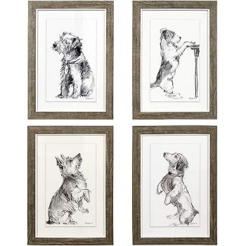 Amazon Com Creative Co Op Framed Prints Of Charcoal Dog Drawings Set Of 4 Images Wall Art Grey Posters Prints