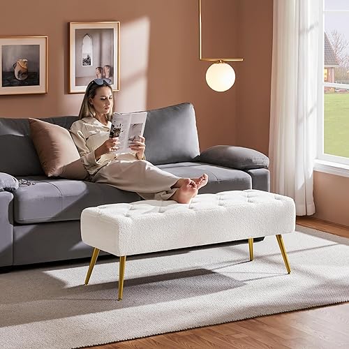 Miniatura 4 de Yaheetech Banco otomano moderno de terciopelo reposapiés tapizado para sala de estar con patas de metal dorado y asiento acolchado color marfil