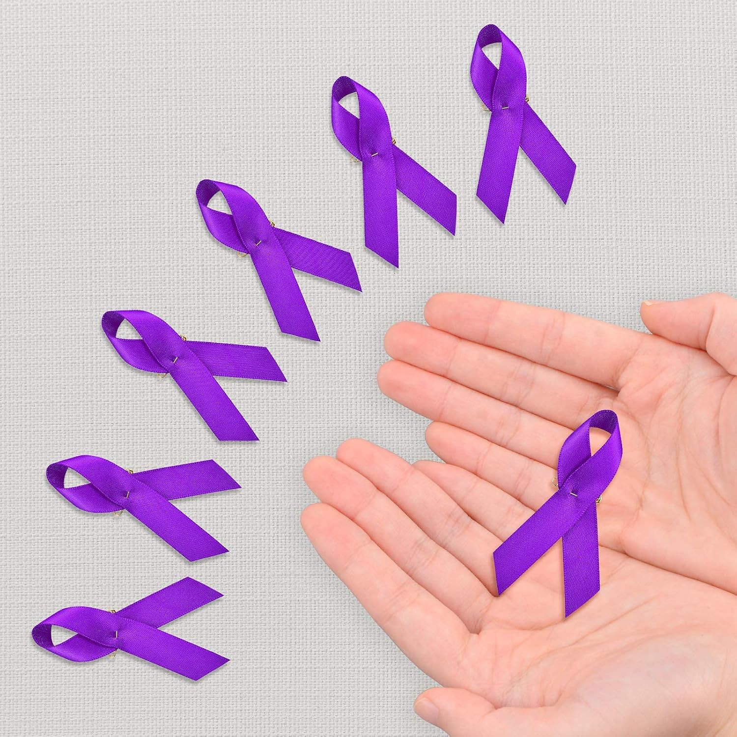 WANDIC 20 Purple Ribbon Label Pin and 100pcs Purple Ribbon Satin Pins Paint Badge Domestic Violence, Lupus, Alzheimers, Pancreatic Cancer Awareness Pin with Box
