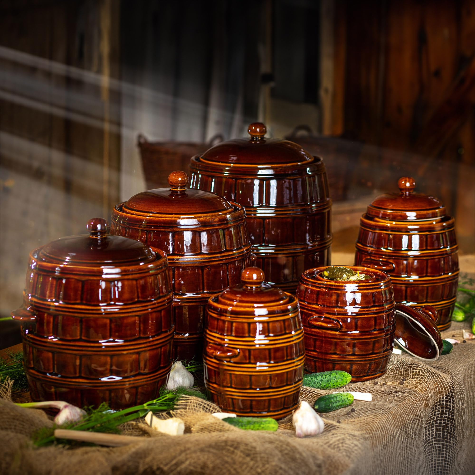 KADAX Casserole de fermentation en grès 8L marron, cuvette d'eau et couvercle pour l'étanchéité, lavable au lave-vaisselle, pour mariner les concombres et le chou