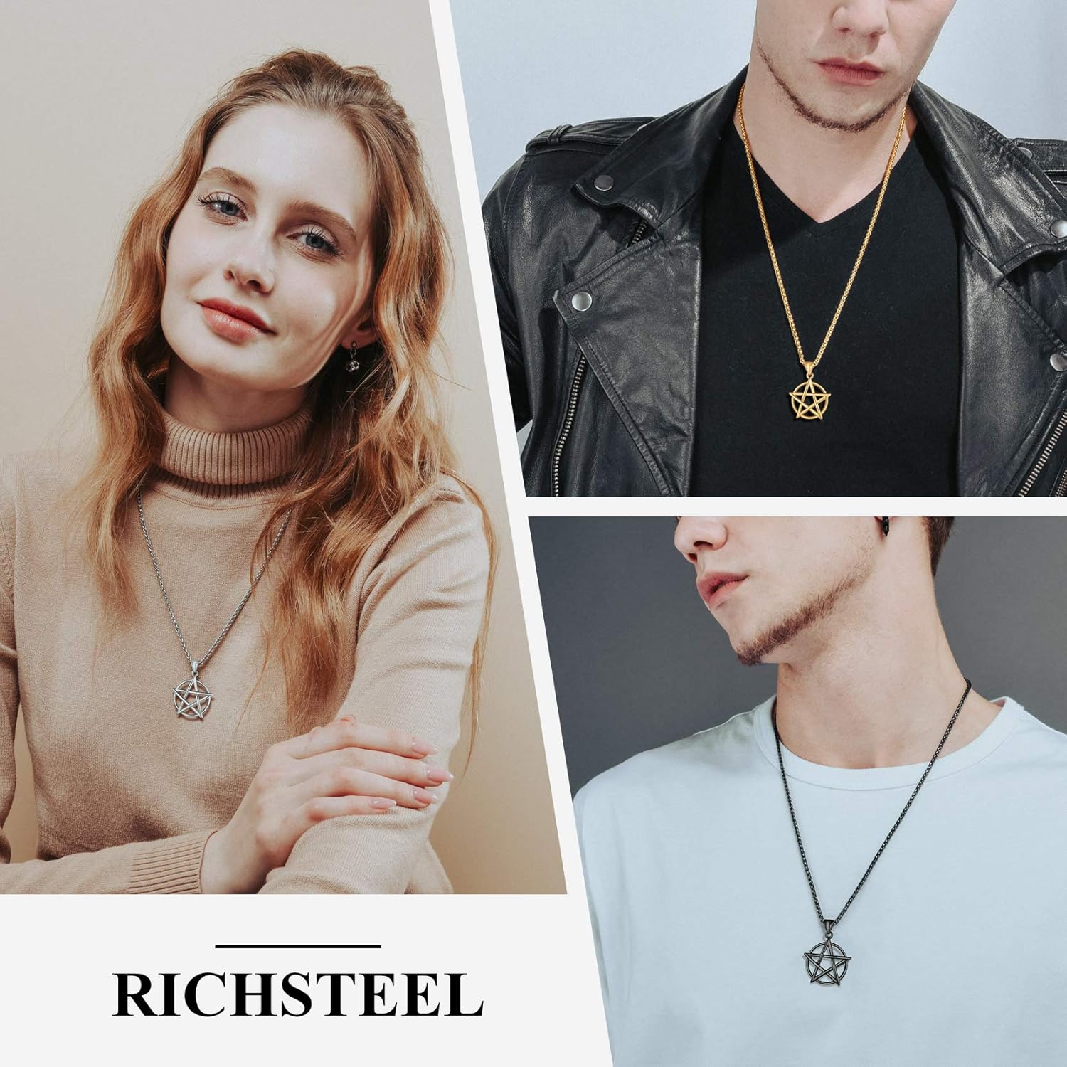 Richsteel Stainless Steel/18K Gold/Black Plated Star Pentagram Necklace for Men Pentacle Pendant with Chain(Gift Wrapped) - Image 2