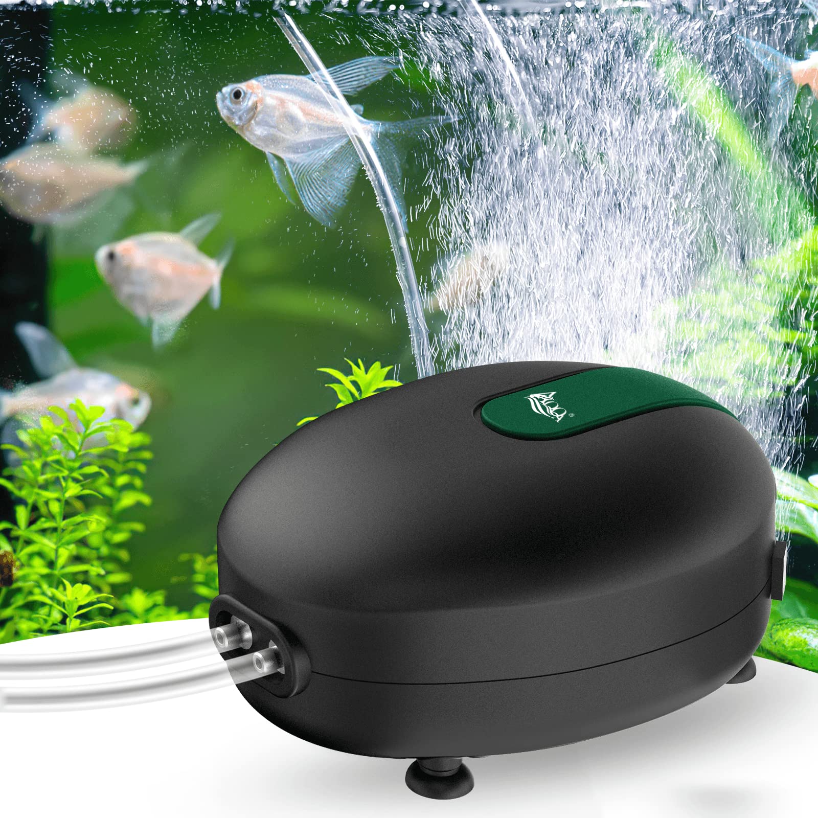 AQQA Bomba de aire para acuario, 2.5-8W Bullador silencioso ajustable para acuario, potente bomba de oxígeno,Potente doble salida Bullador Acuario