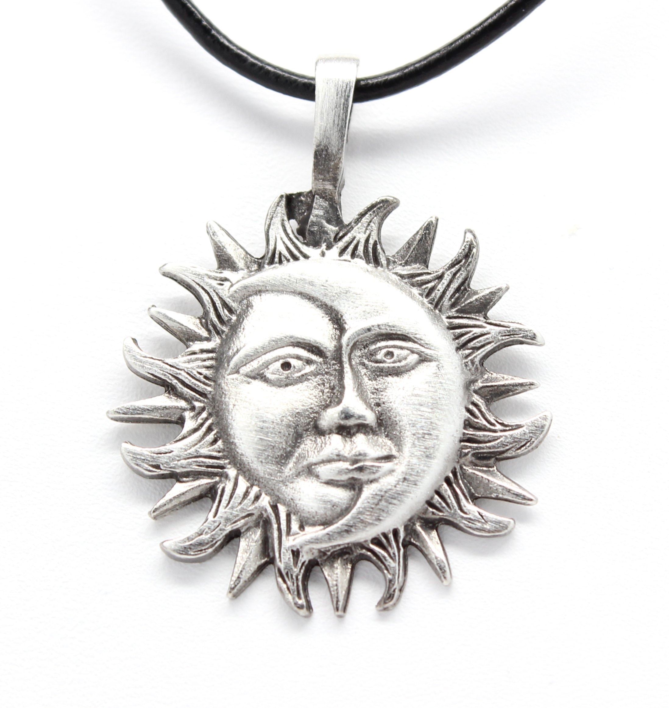 Trilogy JewelryPewter Sun Moon Face Celestial Lunar Solar Pendant, Leather Necklace