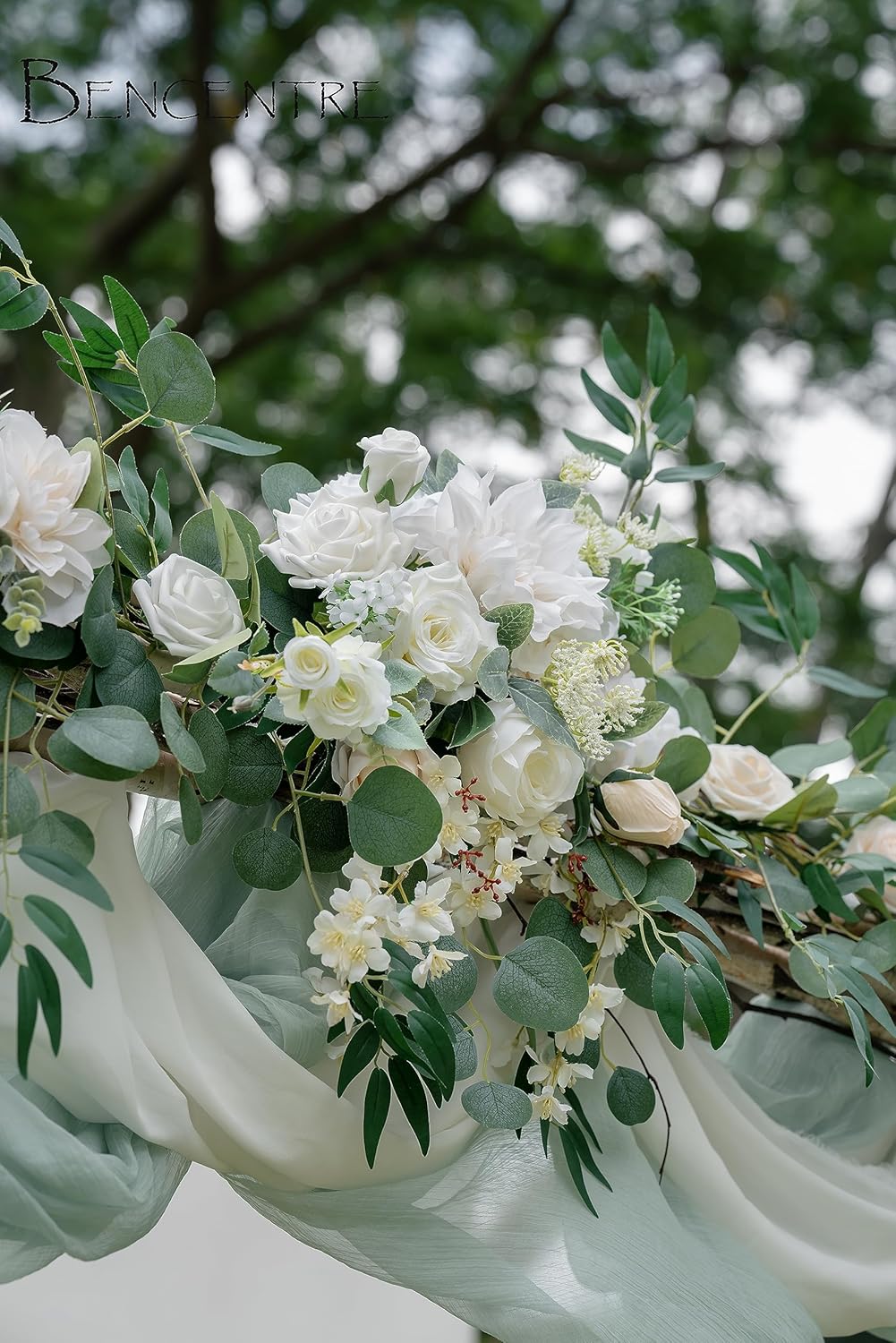 White 9FT Artificial Eucalyptus Garland with Flowers, Arch Flowers for Wedding Ceremony, Sweetheart Table Centerpieces, Head Table Decor, Arch Backdrop Wedding Decorations - Image 5