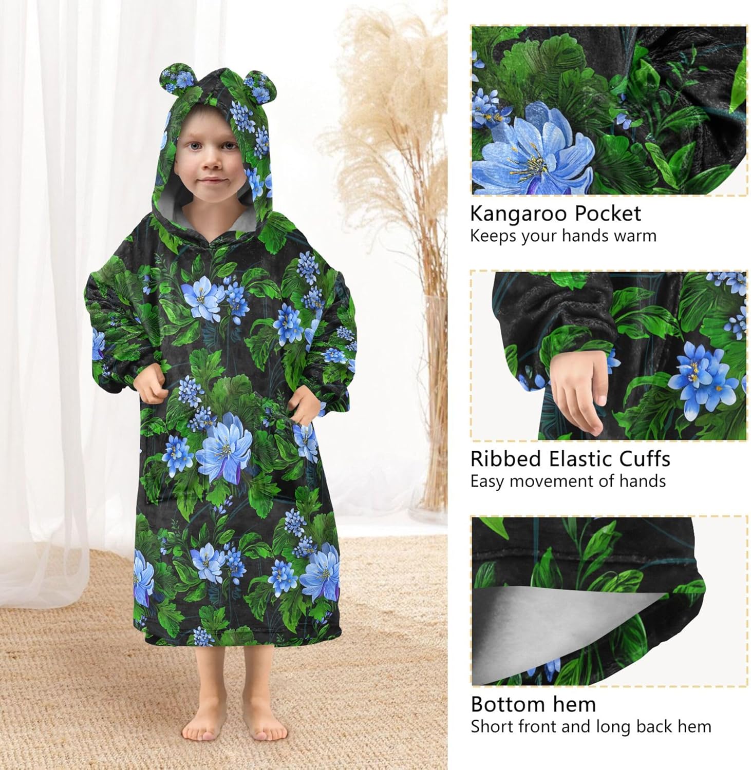 Blue Flowers Leaves Kids Wearable Blanket Hoodie with Pocket and Sleeves for Toddlers, Cute Hoodies Girls Boys