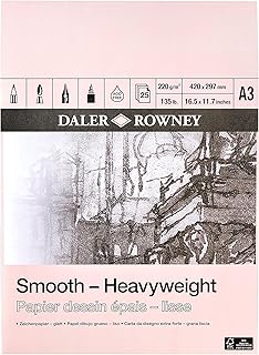 Daler-Rowney Smooth 220 gsm A3 Heavyweight Drawing Paper Pad, Glued 1 Side, Acid-free, 25 Natural White Sheets, Ideal for Professional Artists and Students