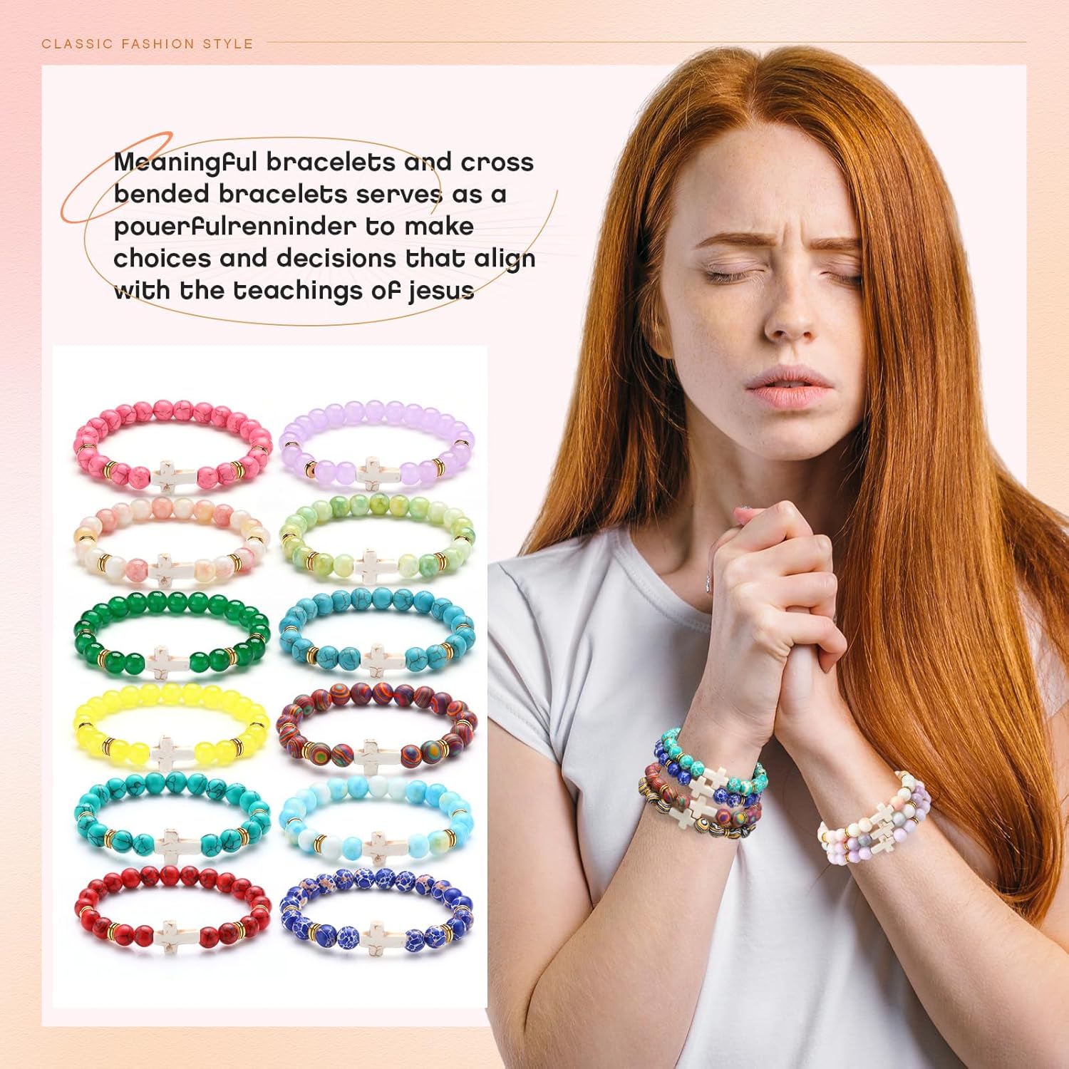 Huquary 24 Pcs Cross Beads Bracelet for Men Women 8mm Couple Cross Bracelets Black Christian Healing Lava Stone Stretch Turquoise Tiger Eye Stone Natural