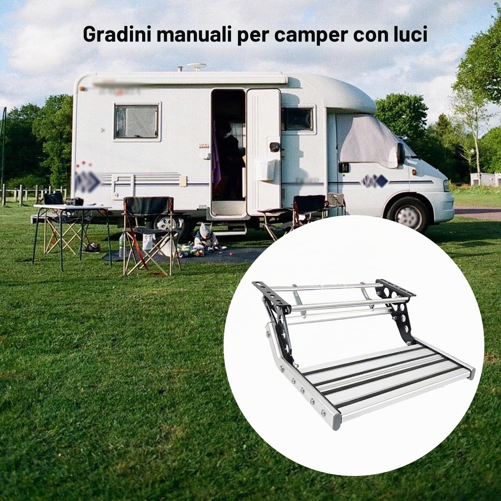 Gradino per Camper, con Luce LED, Accessori Camper Campeggio, 200 kg, Gradini Antiscivolo, Compatti, Espandibili O Ripiegabili con Una Sola Mano, per Roulotte, Camper