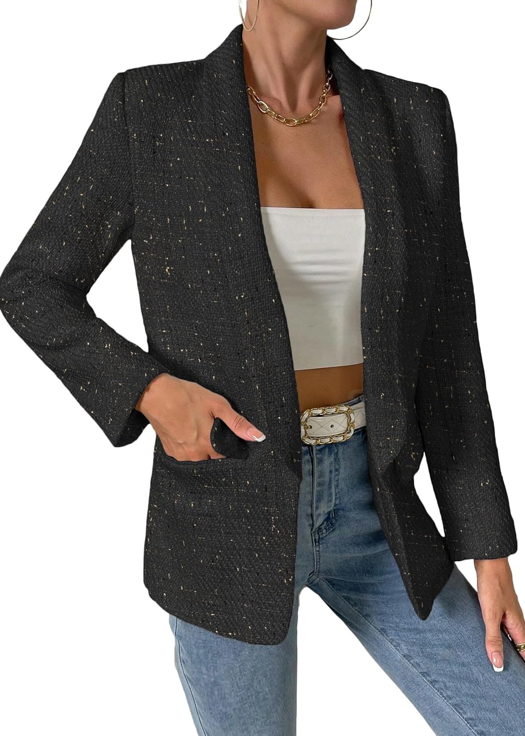 2024 Fall Tweed Blazer Jackets for Women Shawl Lapel Long Sleeve Open Front Fashion Business Casual Suit with Pockets