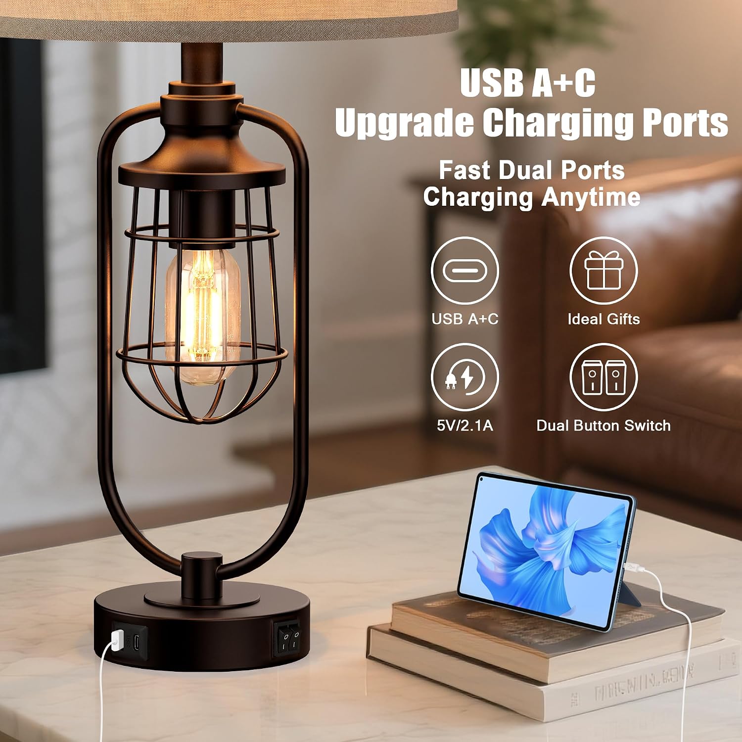 Table Lamps for Living Room Set of 2, Farmhouse Lamps for Night Stands, Industrial Bedside Lamps for Bedroom Nightstand with USB A+C, Bulbs Included thumbnail