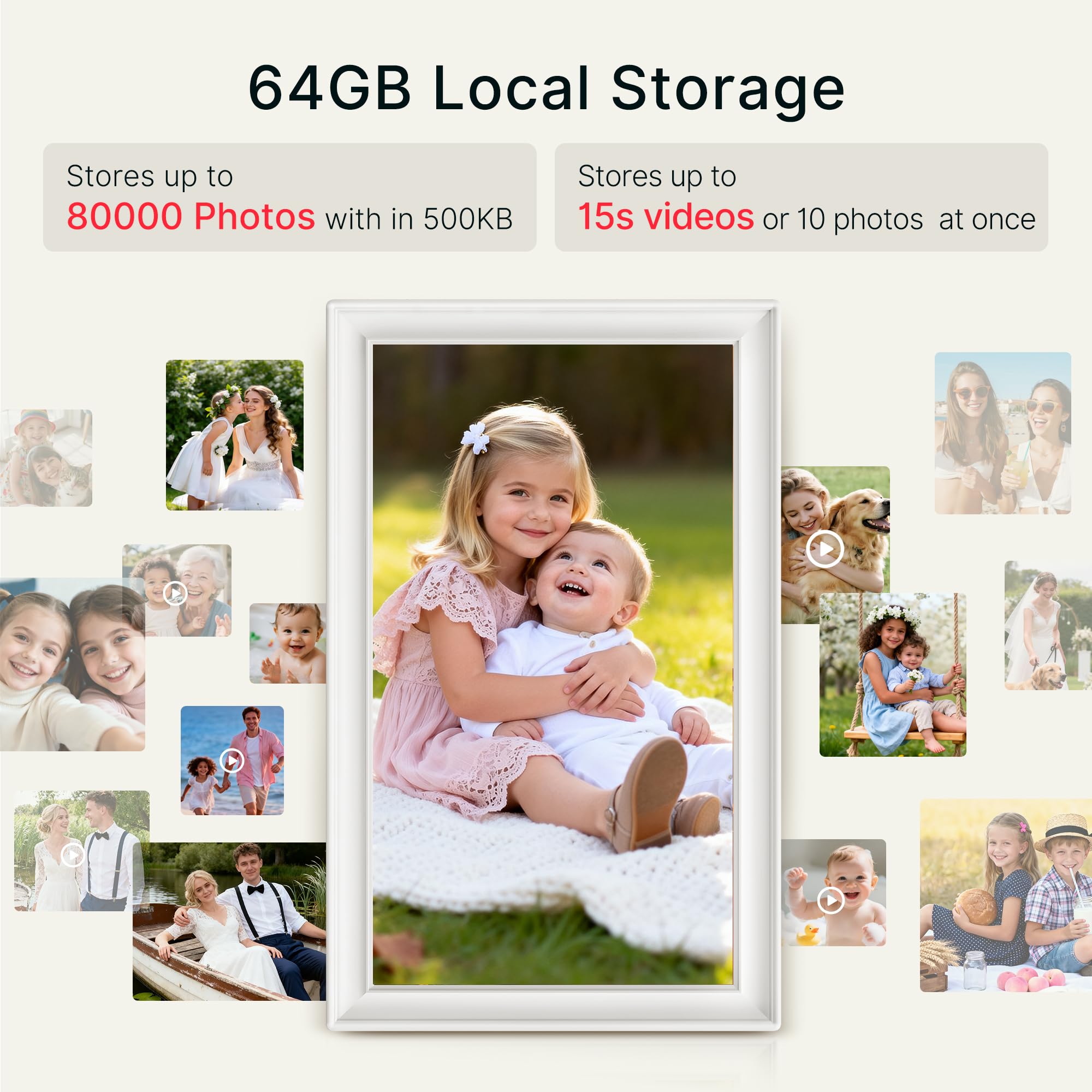 BIGASUO Marco de fotos digital Frameo de 64 GB, 15.6 pulgadas, WiFi, pantalla táctil IPS FHD de 1920 x 1080, blanco, envía fotos desde el teléfono