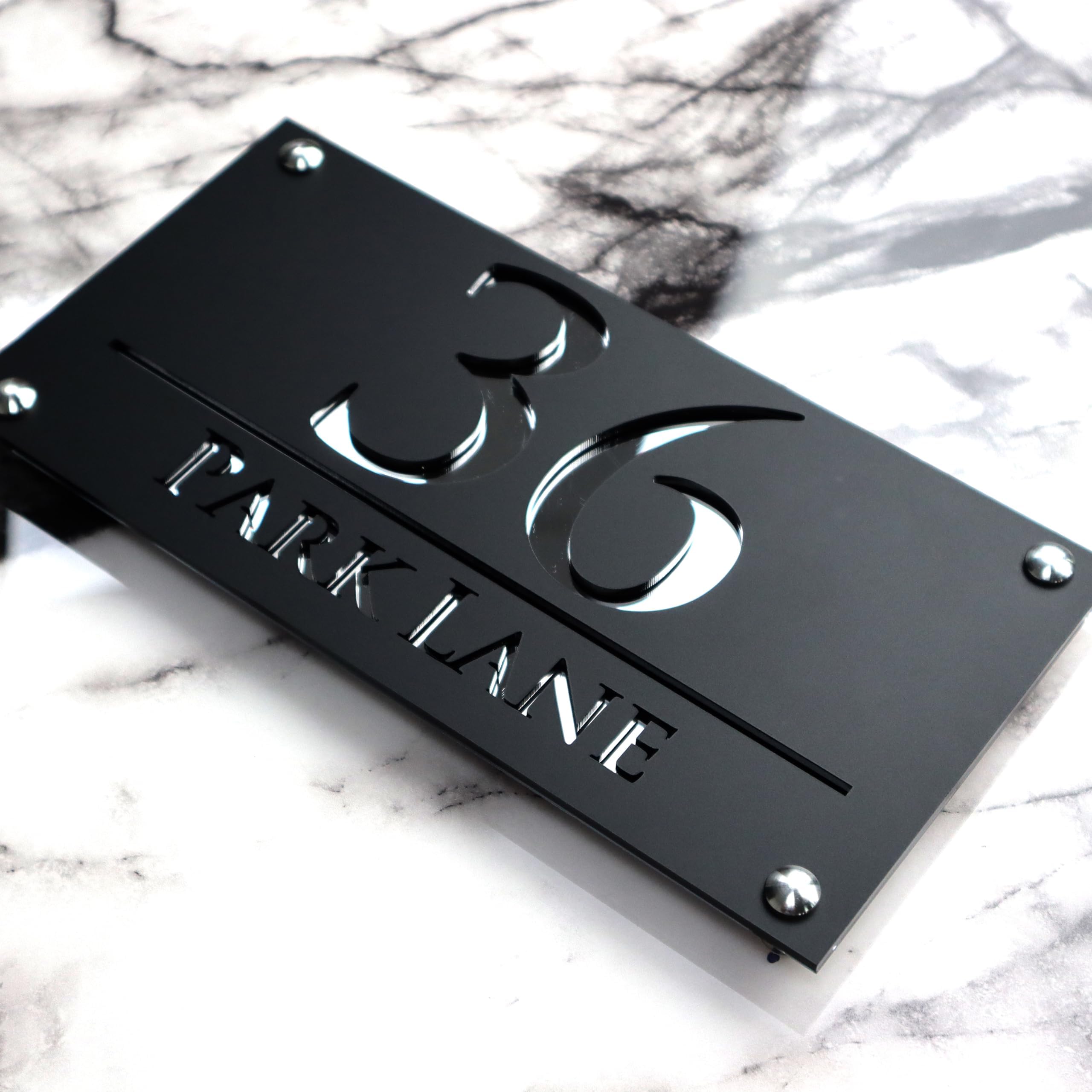K SMART SIGN | LUXE H3 F32 | House Numbers Plaques House Numbers Door Laser Signs Number Name Personalised Plaques For Outside 3D Laser Cut acrylic Mirrored Marble (Matt Black & Silver Mirror)