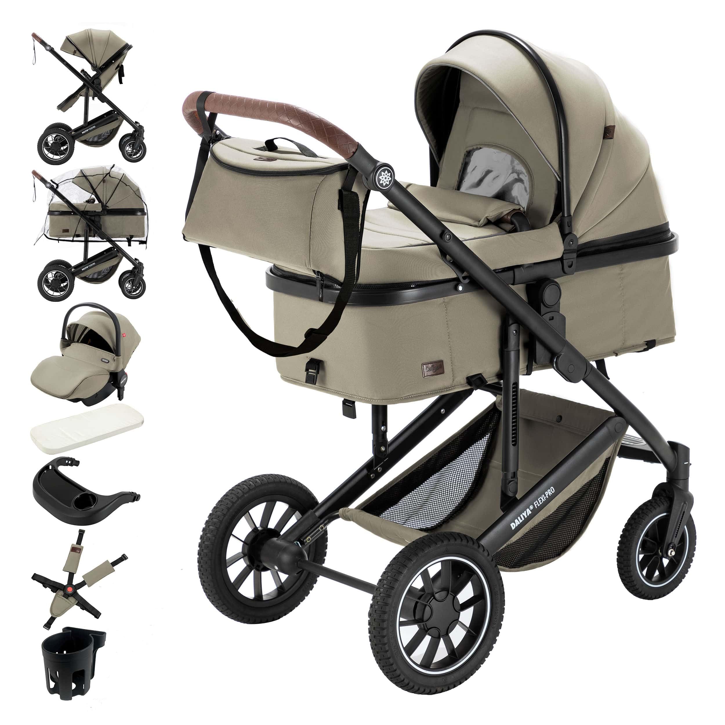 Daliya® FLEXI-PRO M 3in1 Kinderwagen & Buggy mit i-Size Babyschale, Viel Zubehör (Beige)