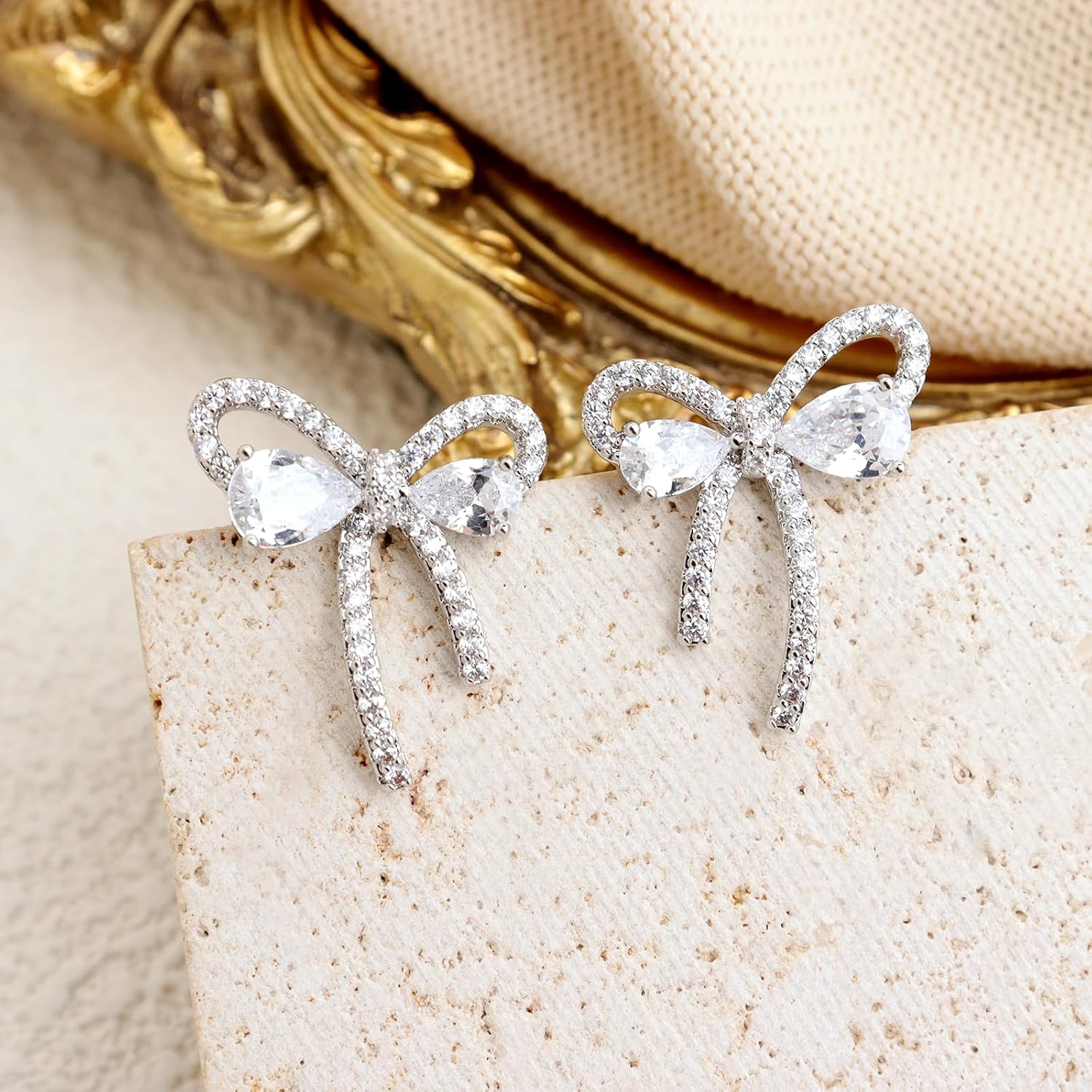 Sonateomber Gold Silver Bow Stud Earrings for Women, Cute Elegant CZ Rhinestone Ribbon Drop Earings Prom Weeding Fashion Jewelry Gift - Image 6
