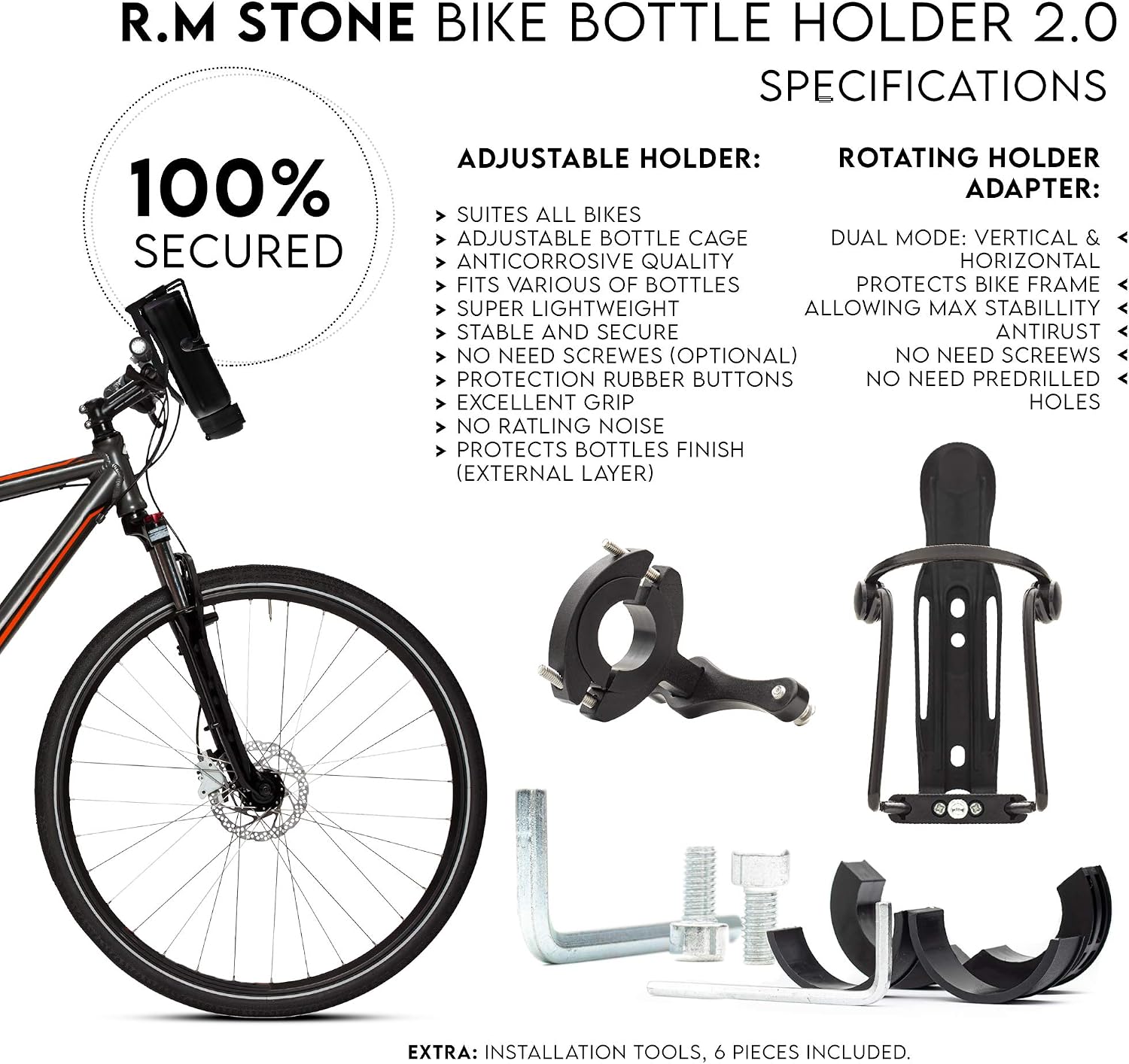 Bike Bottle Holder and Cage Mount– No Screws! Adjustable Cage with Grip Buttons for MAX Protection, Anti Rust & Durable. Multi Versatile Cycling Gear. Included: Clamps &Tools. 2Years Guarantee.