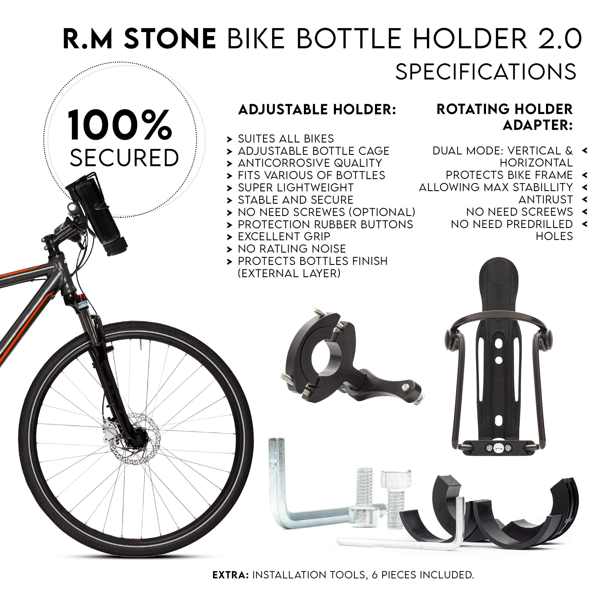 Bike Bottle Holder and Cage Mount– No Screws! Adjustable Cage with Grip Buttons for MAX Protection, Anti Rust & Durable. Multi Versatile Cycling Gear. Included: Clamps &Tools. 2Years Guarantee.