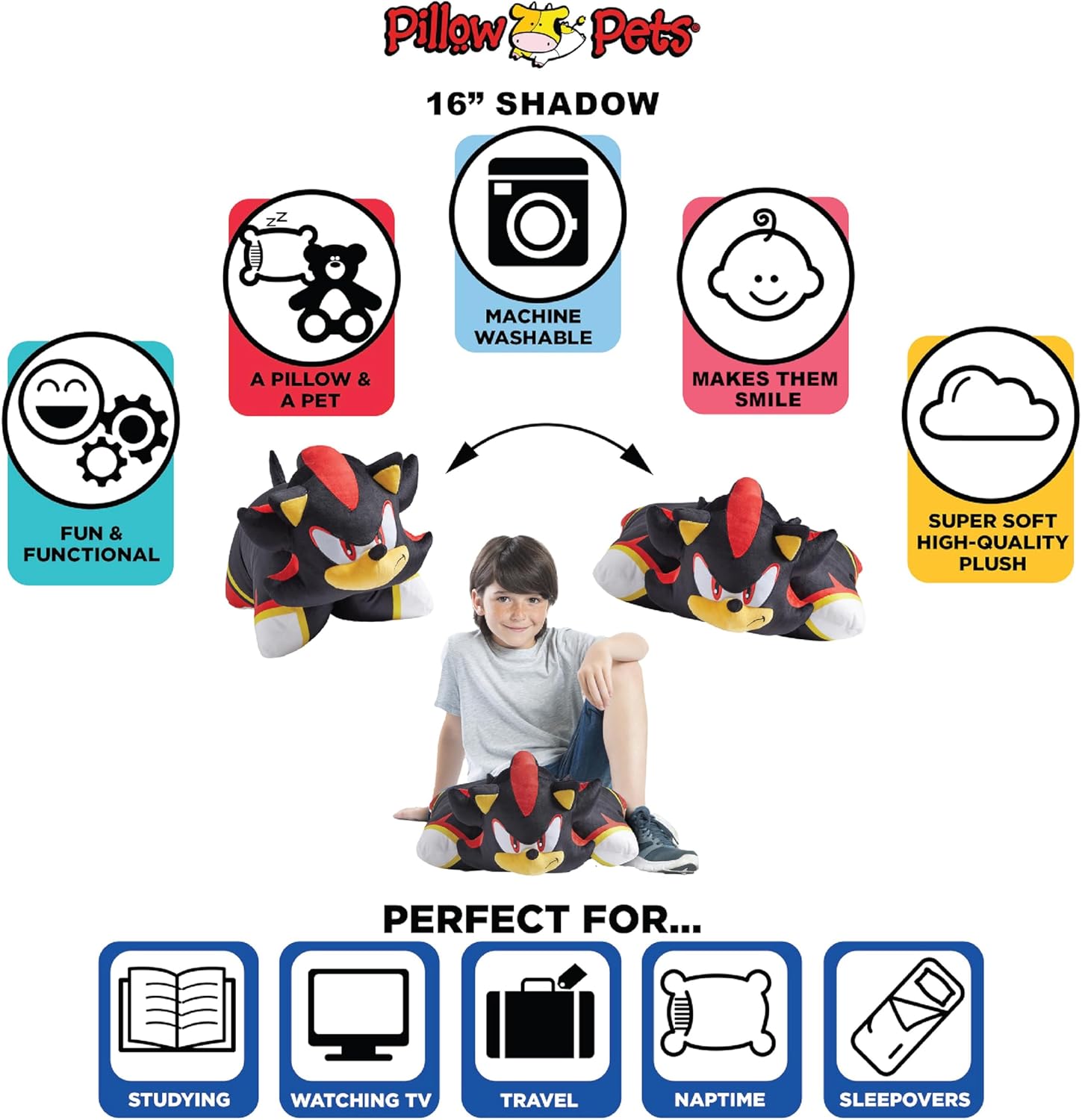 Pillow Pets SEGA Shadow the Hedgehog Soft Plush Folding Stuffed Animal and Kids Pillow – Official Sonic the Hedgehog Merchandise – 16 Inch Cuddly Toy for Travel, Bedtime, and Play