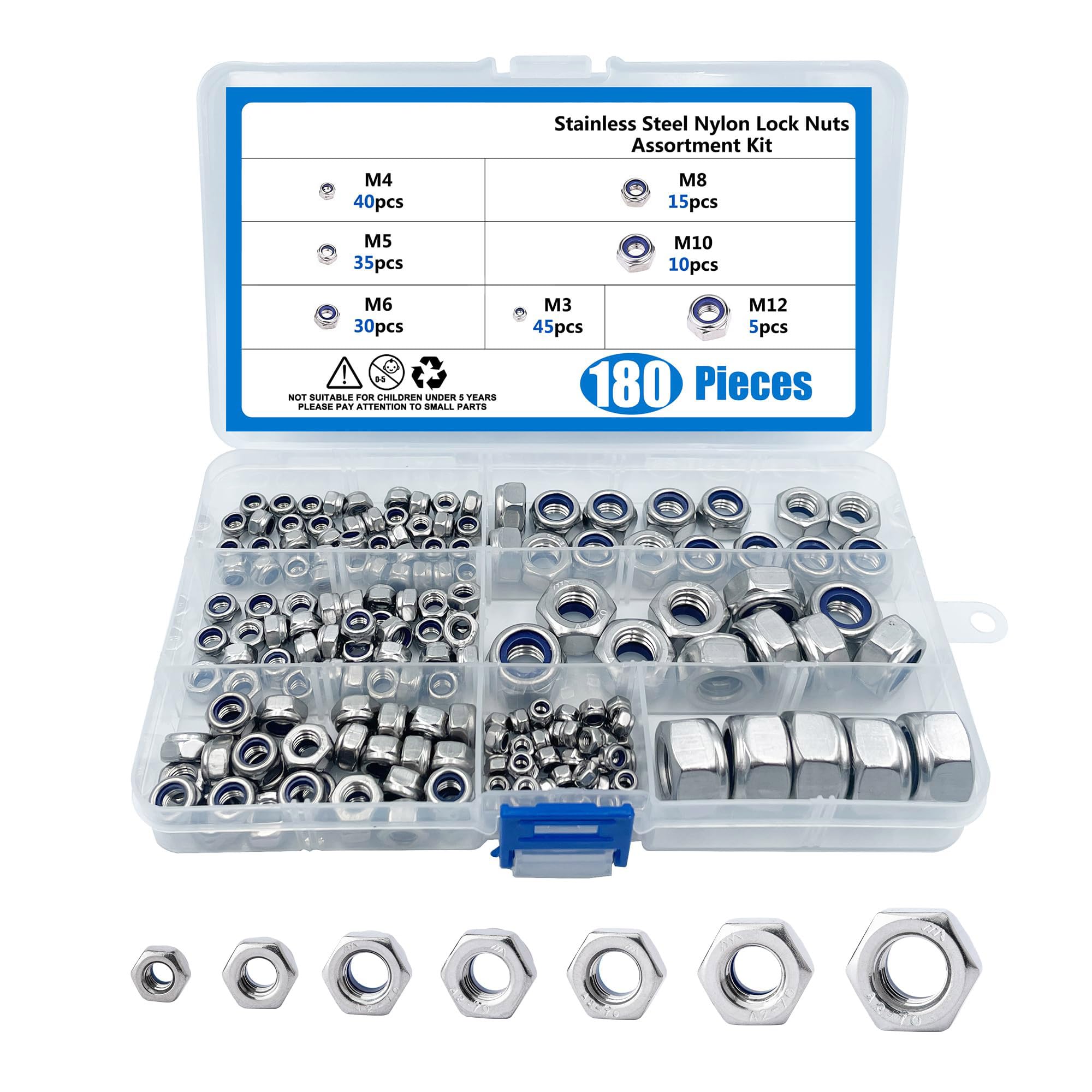 TA-VIGOR 180Pcs Nylon Hex Lock Nuts Assortment Kit, M3 M4 M5 M6 M8 M10 M12 Stainless Steel Nylon Insert Self-locking Nuts