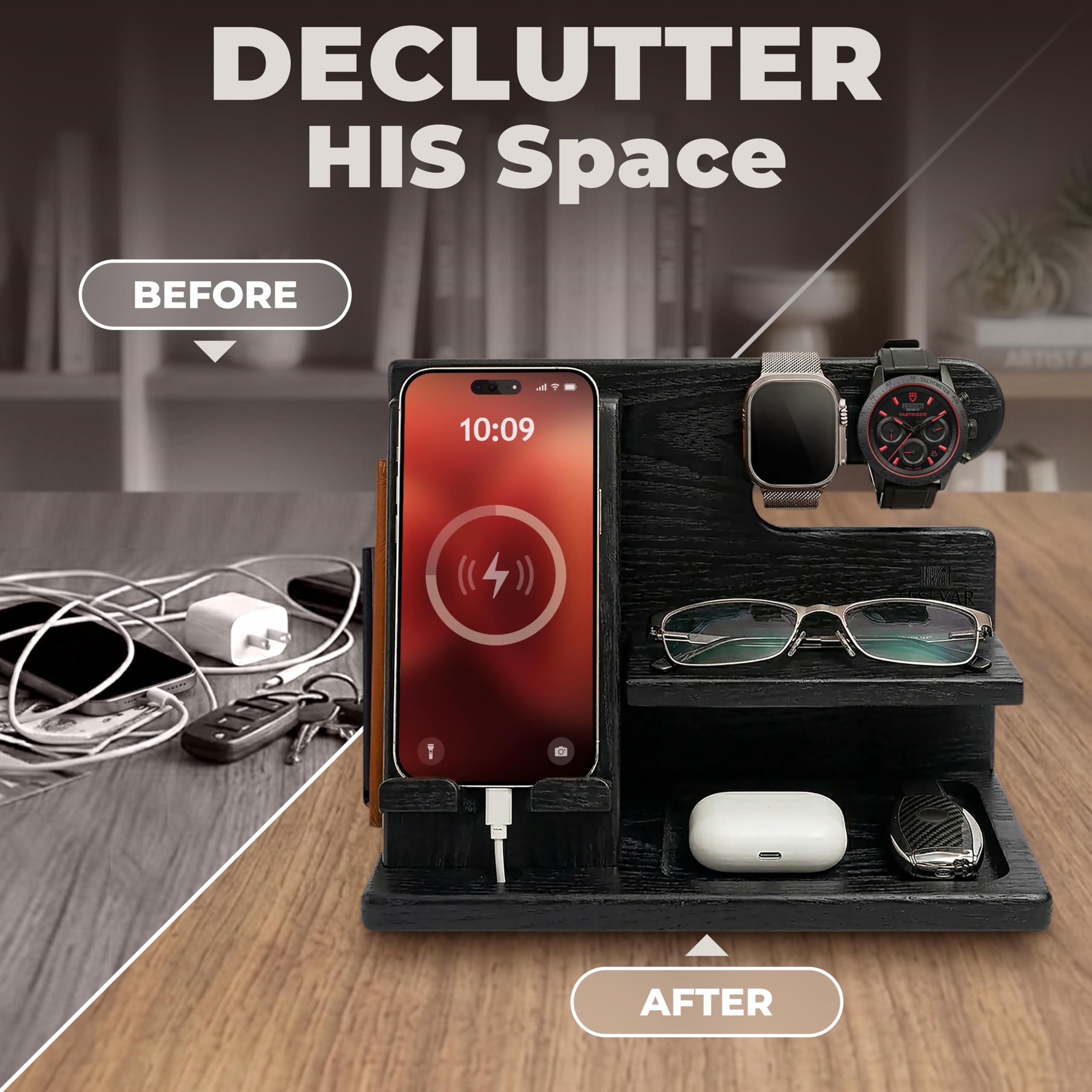 Teslyar Docking Station in legno di frassino per smartphone, organizer da comodino con portachiavi, supporto per portafoglio e orologio, regalo per uomo papà marito, anniversario compleanno (Nero)