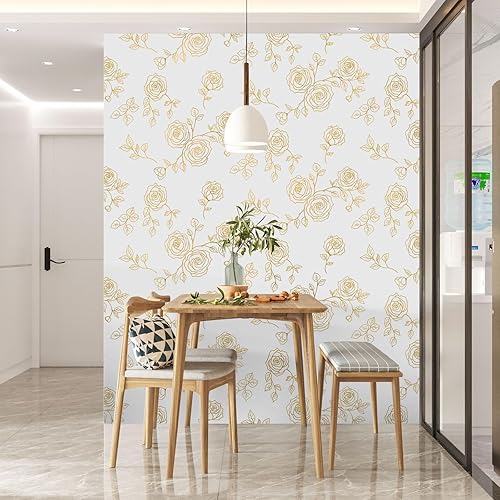 Miniatura 8 de Yun-aeon Papel tapiz floral dorado y blanco de 17.3 x 160 pulgadas, moderno papel de contacto geométrico extraíble, papel tapiz autoadhesivo para
