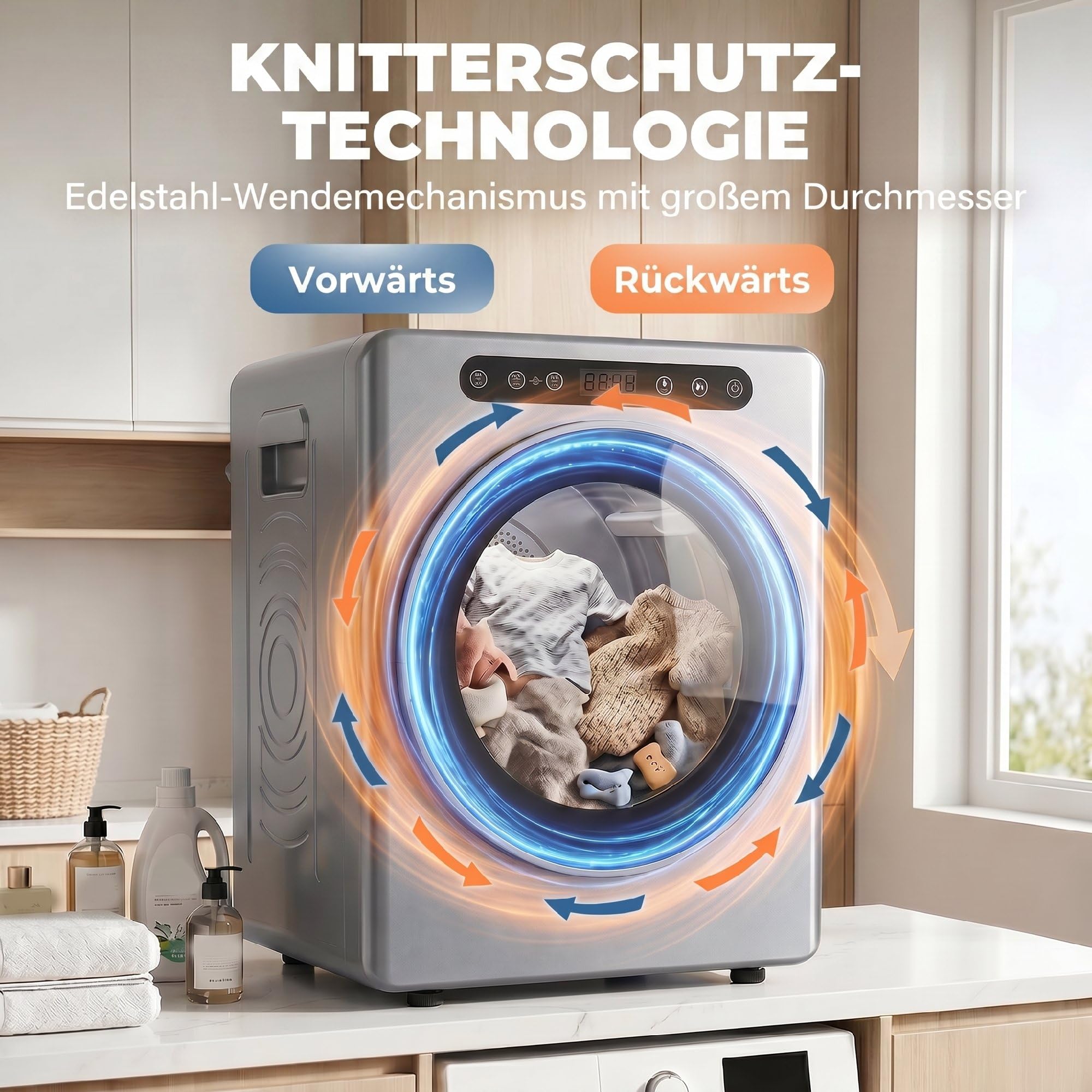 HOMCOM Mini suszarka z wywiewem 5 kg, ze sterylizacją, 6 programów do 60°C, 1000 W, z ekranem dotykowym, program wsteczny nie gniecie się, ze stali nierdzewnej, tryb ekstra suszenia, kolor srebrny