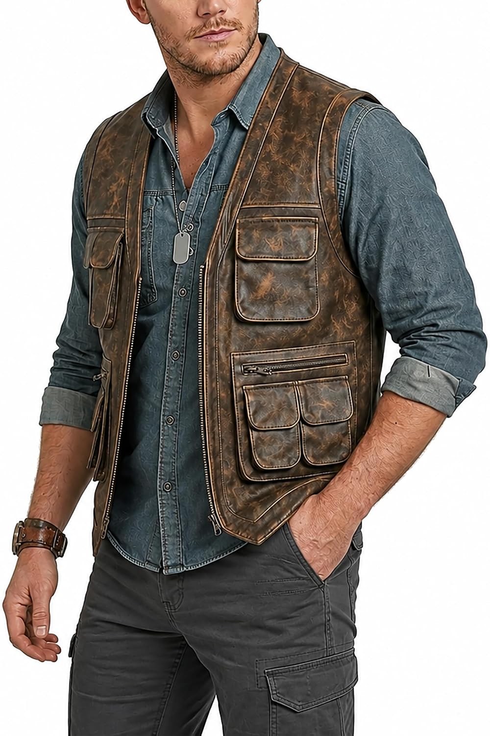 Men's J World's Chris Pratt Owen Grady Brown Real Leather Adventure Vest | Warriors Vest From The Movie Chris Pratt Multi Pocket Utility Biker Cosplay Costume Waistcoat