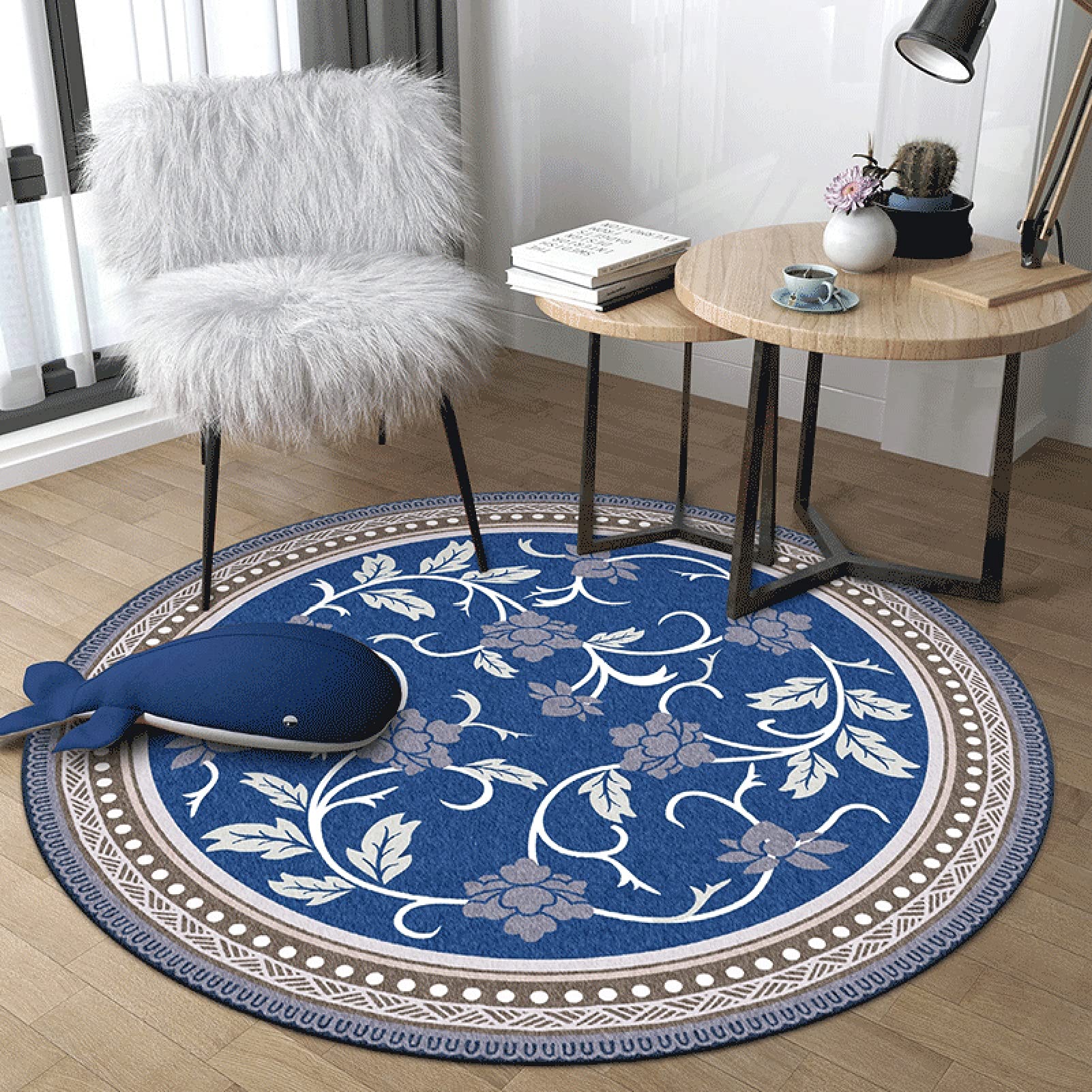 Tapis antidérapant lavable rond bleu de 180cm idéal comme grand tapis doux pour le yoga