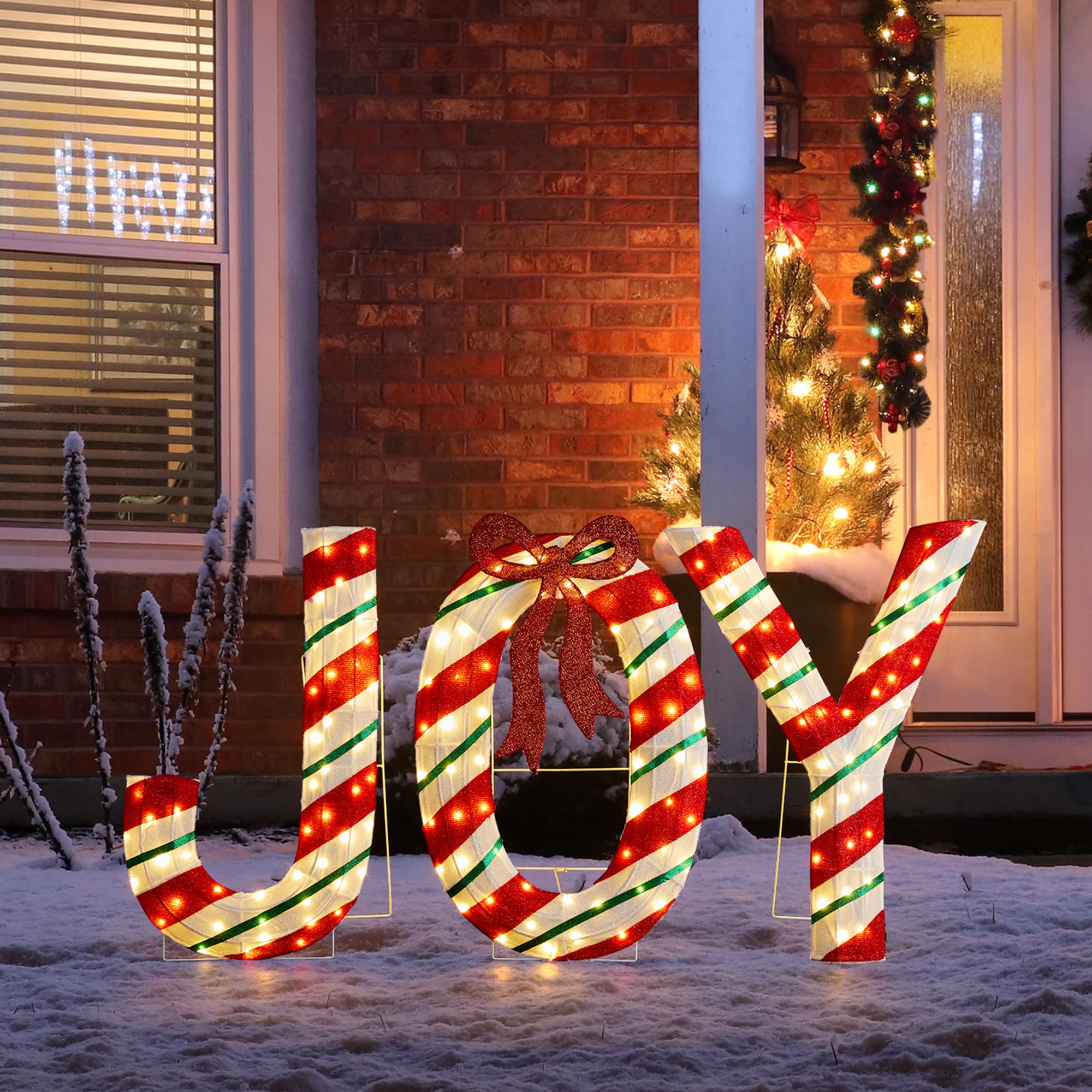 Glitzhome Joy Décoration de Noël Lumineuse avec 160 LED Blanc Chaud, Lettres en Tissu à Rayures en Sucre d'orge, Grand Panneau Festif pour Vacances, Porche, pelouse