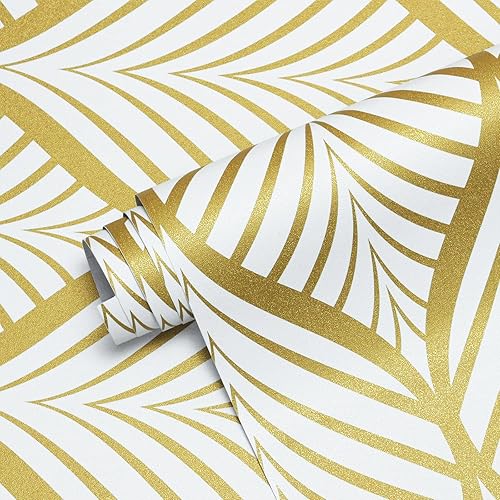 Miniatura 2 de AMIYA Papel tapiz moderno de hojas doradas, papel de contacto geométrico para despegar y pegar, 17.7 x 300 pulgadas, papel tapiz autoadhesivo con