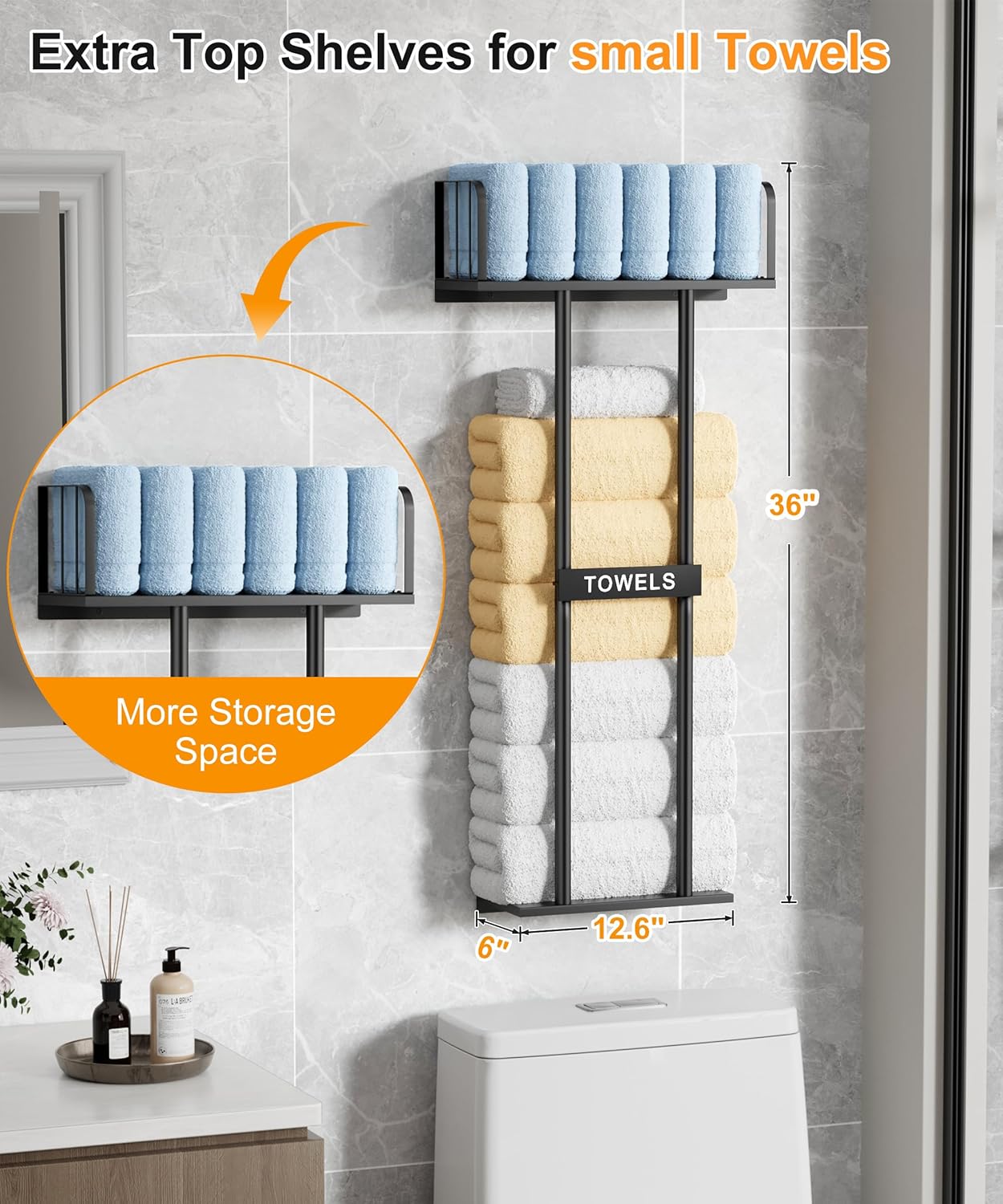 KIMBORA Mesh Shower Caddy Hanging Bathroom Organizer Storage and 36" Towel Racks for Bathroom with Top Towel Shelf, Black