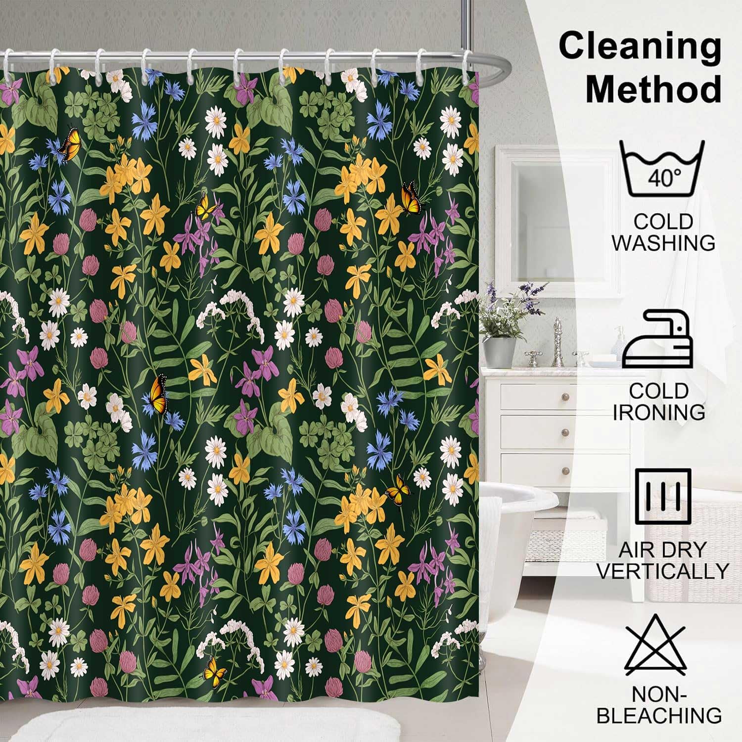 Vintage Botanical Shower Curtain Cute Wildflower Dark Green Herb Plants Bathroom Curtain Decor 72x72 Inches Washable Polyester Cottagecore Spring Summer Farmhouse Country Shower Curtains with 12 Hooks