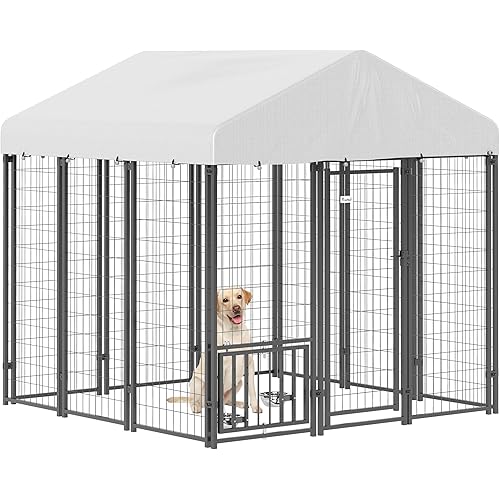 PawHut 6' x 6' x 6' Outdoor Dog Kennel, Welded Wire Dog Kennel Outside Run with 360° Rotating & 4 Level Adjustable Bowls, Waterproof & UV Resistant Cover, for S&M&L Breeds, Chickens, Ducks, Silver