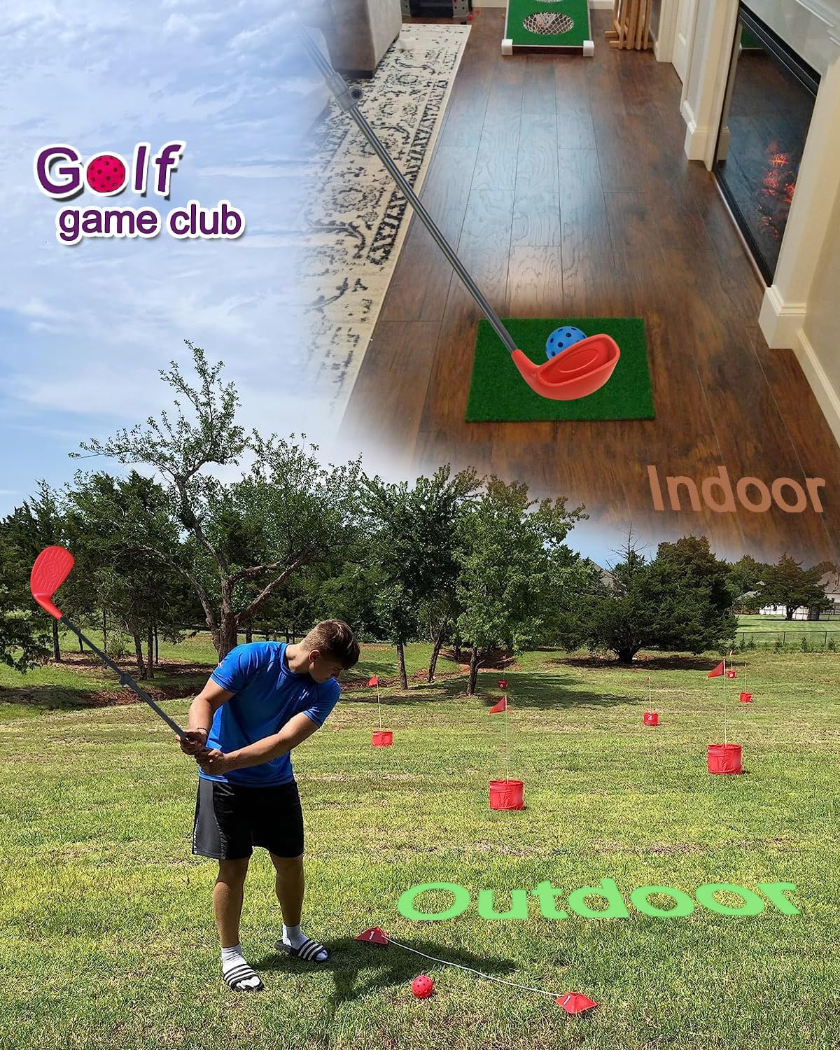 KOFULL Backyard Golf Clubs with Extendable Shaft 2 Packs– Backyard Outdoor Game Club with Oversize Head for Golf Game with Buckets – Length Adjustable 21"-36" for Family – Right-Handed Training, Red
