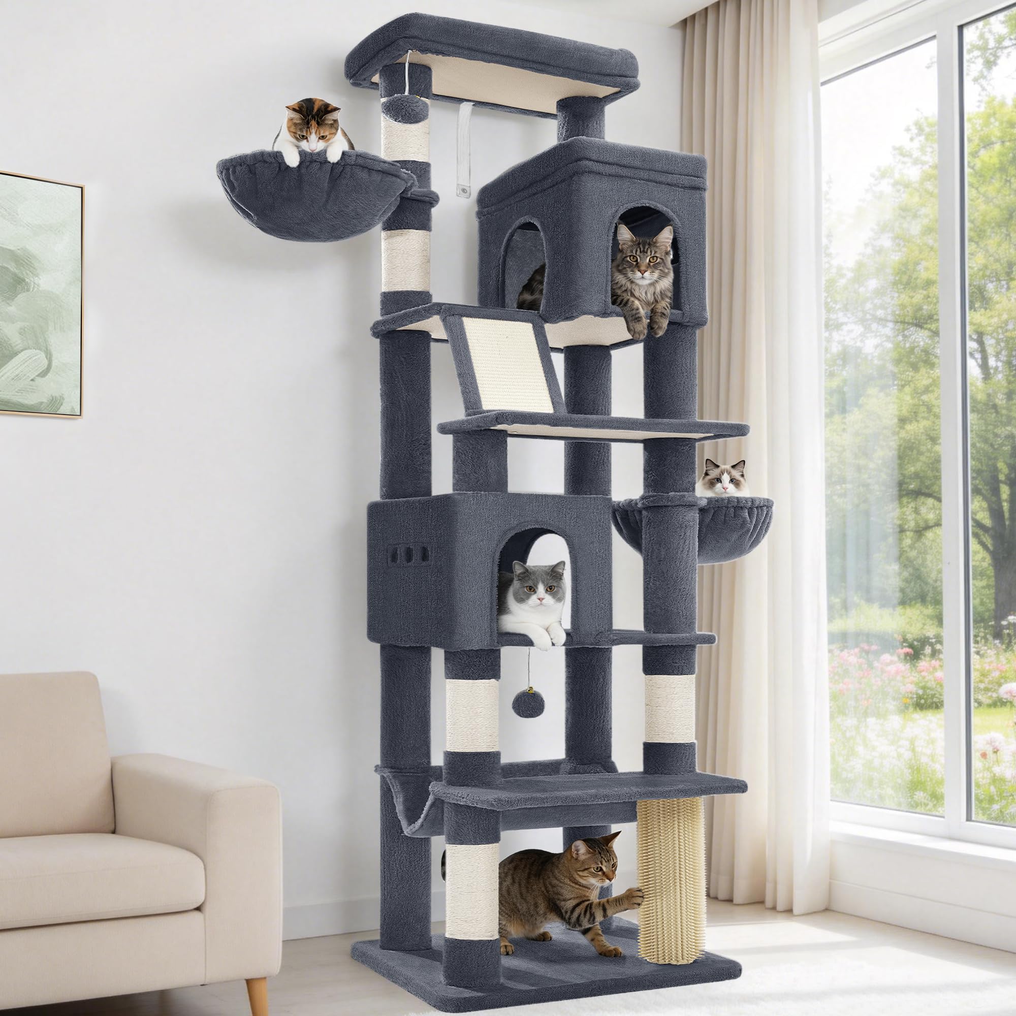 Hzuaneri Árbol para Gatos Grande, Torre para Gatos de Interior 213 cm con 2 Plataformas Grandes, 2 Cuevas, 2 Cestas, Hamaca y 5 Postes Rascadores, para Todas Las Razas, Gris Oscuro, MS21318SG